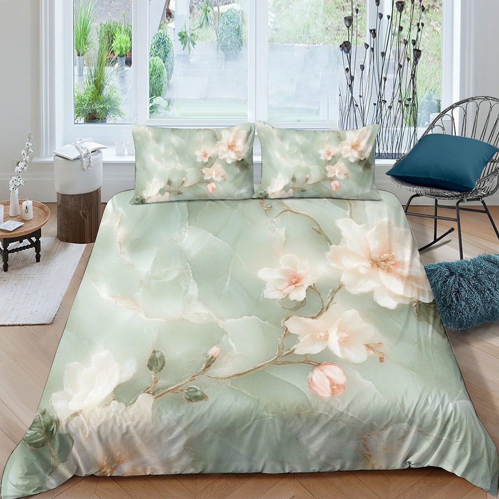 GPLZQXKJNH 3D Printed Pastel Blossom Duvet Cover Microfiber Soft Breathable Floral Mist Bedding Set with 2 Pillowcases for Bedroom Decor Single（135x200cm）
