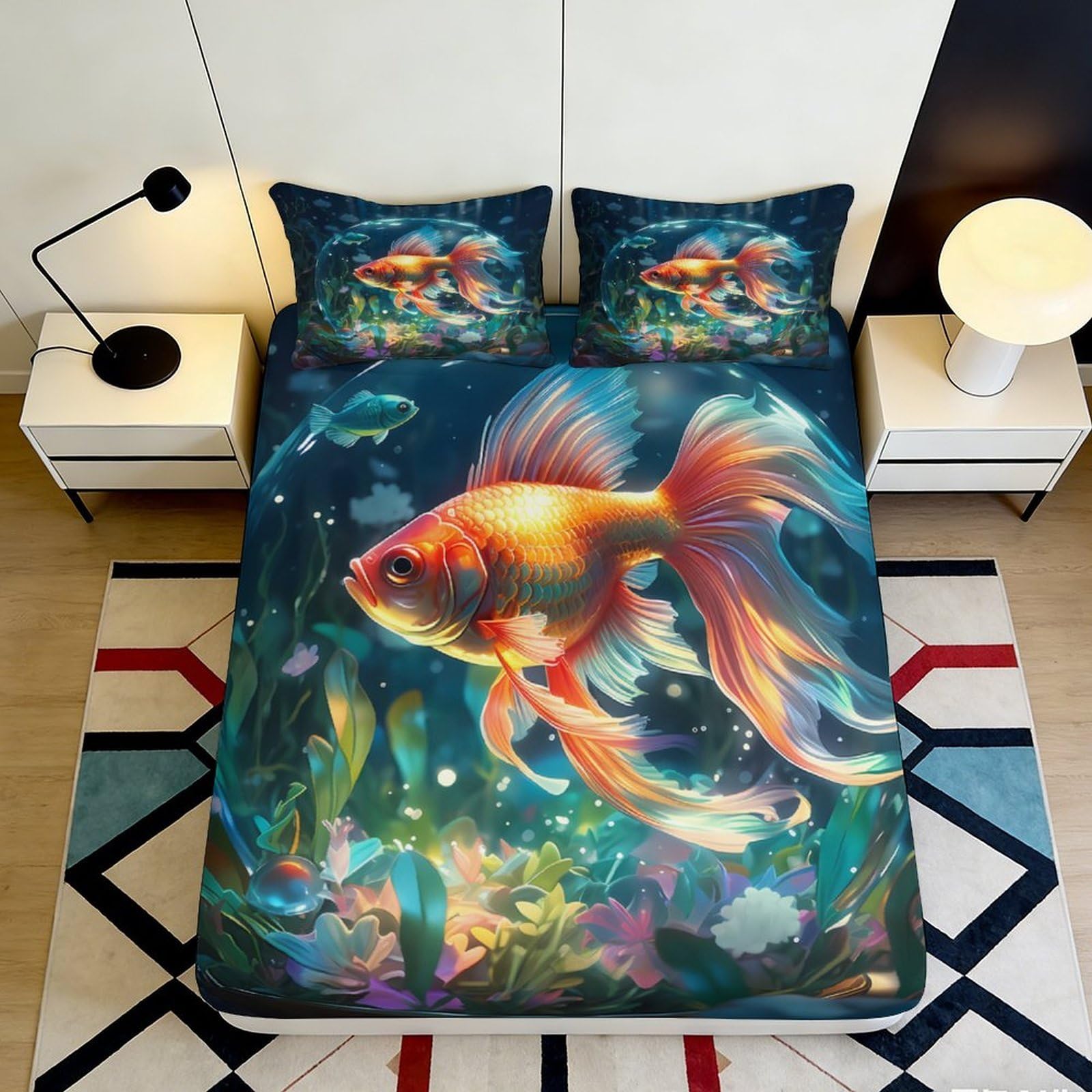3D Printed Goldfish Underwater Fitted Sheet Microfiber Soft Breathable Aquatic Garden Bed Cover for Bedroom Dorm Mattress Protection Decor 180x200x25cm
