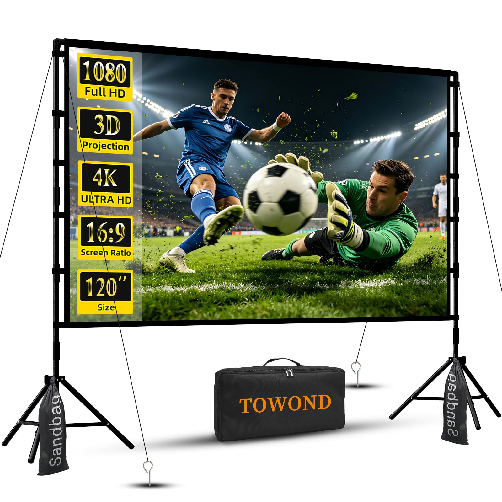 outdoor projector screen with stand, towond 120 inch projection screen, movie screen 16:9 hd foldable anti-crease support double sided with carry bag for outdoor indoor