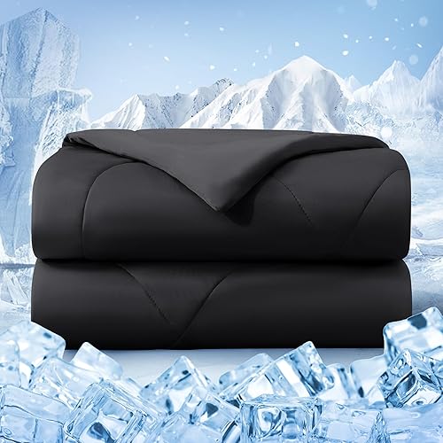 bedsmile Cooling Comforter King Size, Double-Sided Cold Tech Fabric Quilted Bed Comforters Cooling Blanket for Hot Sleepers, Breathable Lightweight Summer Bedding, All-Season Ice Blanket, Black - Black - King(108"x90")