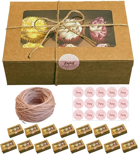 ELISE Cupcake Boxes with Removable 6-Hole Inserts [15 Pack] Premium Brown Kraft Boxes with Window | with Pre-Cut Hemp Rope & Stickers | Multipurpose Gift Boxes | Ideal for Cupcakes, Muffins, Pastries