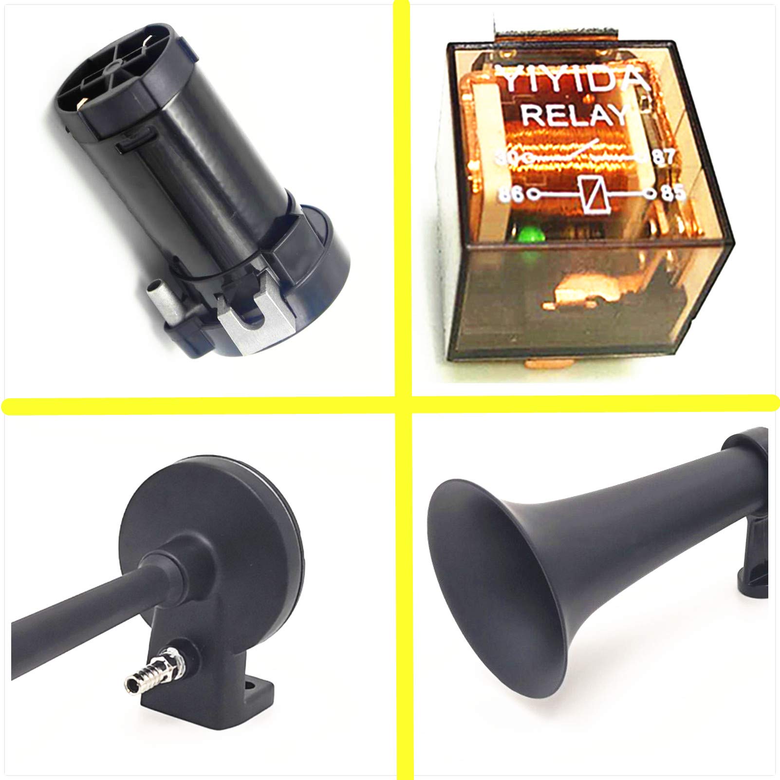Klaxon de voiture Car Horn 150dB Air Horn 450 mm Klaxon d'air de camion de trompette simple de chrome de zinc Klaxon très fort noir avec le klaxon de pompe à air Pour 24V Bateau moto train etc