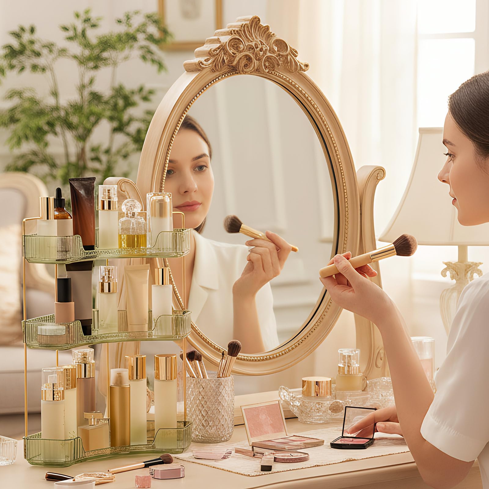 SHANNA Eckiger Make Up Kosmetik Organizer: Verstellbarer Organizer mit Großer Kapazität, für Lippenstifte, Lidschatten und Pinsel, Aufbewahrungsbox für Schminktisch oder Kommode (3 Etagen, Grün-B)