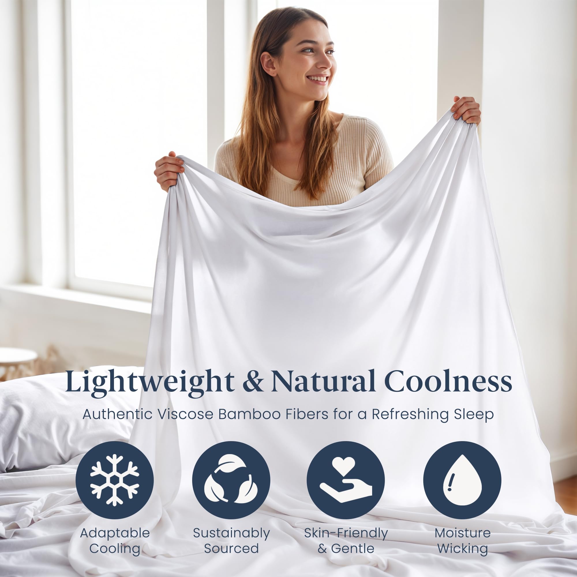 Lenzuola di bambù, tessuto morbido e naturale setoso, set di lenzuola in viscosa di bambù 100%, set da 4 pezzi, dimensioni queen size, bianco
