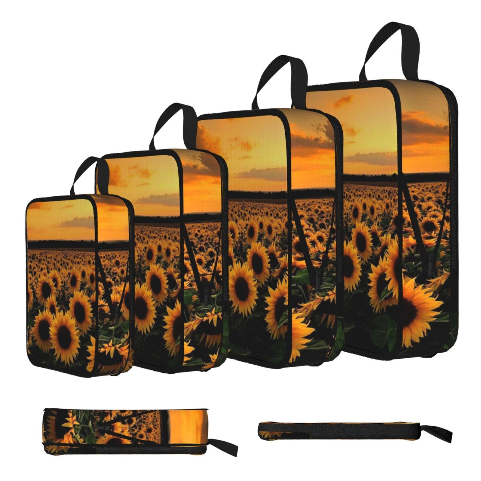 Sunflower And Sunset Print Compression Packing Cubes 4-Piece Set With Multi- Compartment Travel Bag, Waterproof Suitcase Organiser Bags
