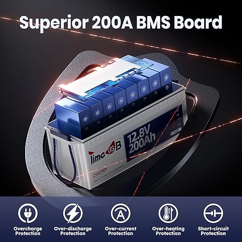 Miniatura 2 de Batería LiFePO4 de 12 V 200 Ah Plus, batería de litio Timeusb con BMS de 200 A, potencia máxima de 2560 W, 4000-15000 ciclos profundos, vida útil de