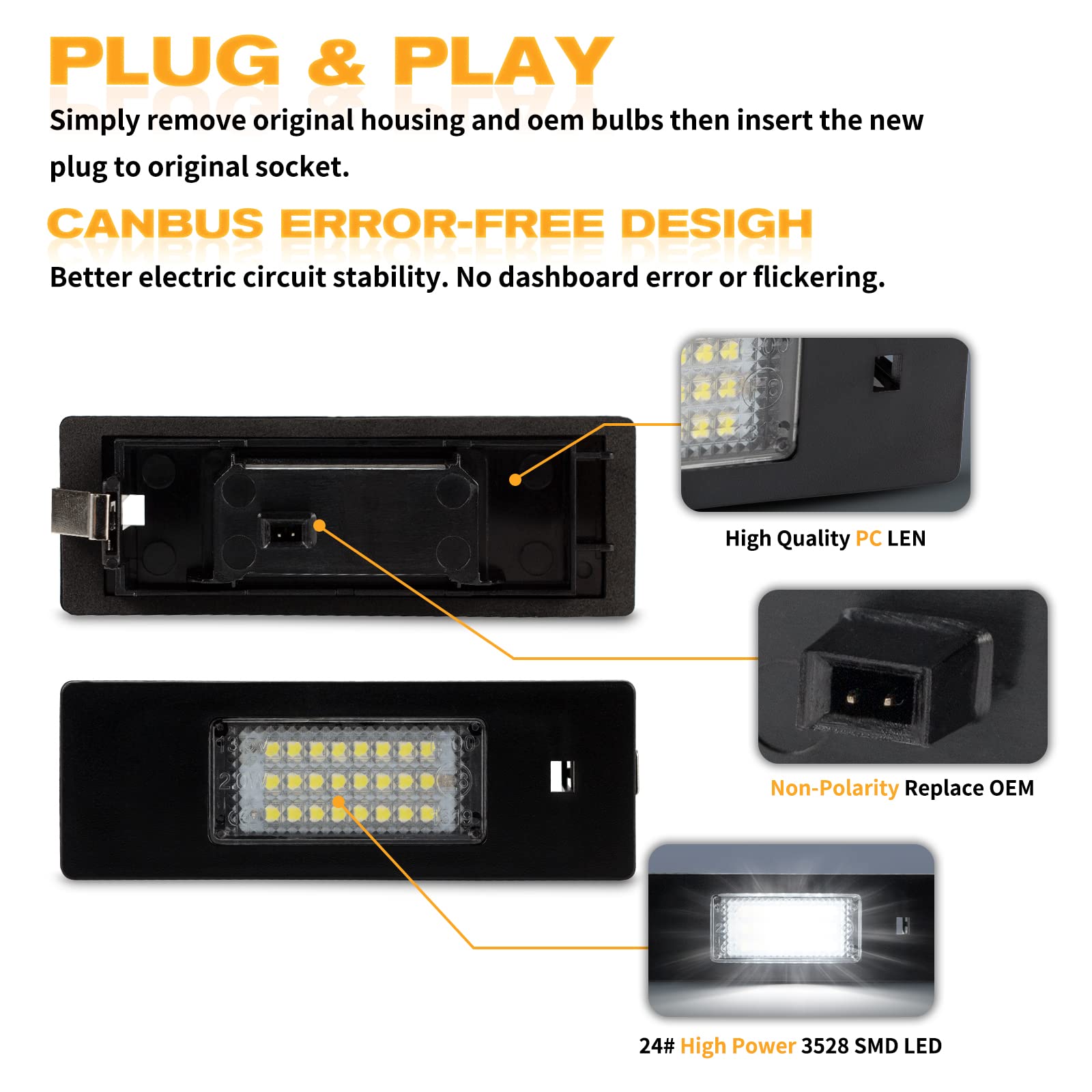 Luci a LED per targa BMW E81 E87 E87N E63 E64 E46LCI E85 E86 E89 F20 F12 F13 MINI Cooper R55, 2 pezzi, luci targa, design Canbus, luci posteriori a LED senza errori