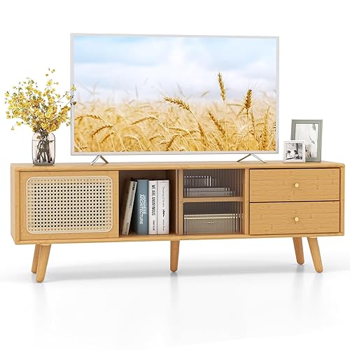 Tangkula Mid Century Modern TV Stand for TVs up to 65", Bamboo Entertainment Center w/Glass & PE Rattan Sliding Doors, 2 Drawers, Adjustable Shelf, Wood Legs, Media Console for Living Room - Bamboo 2
