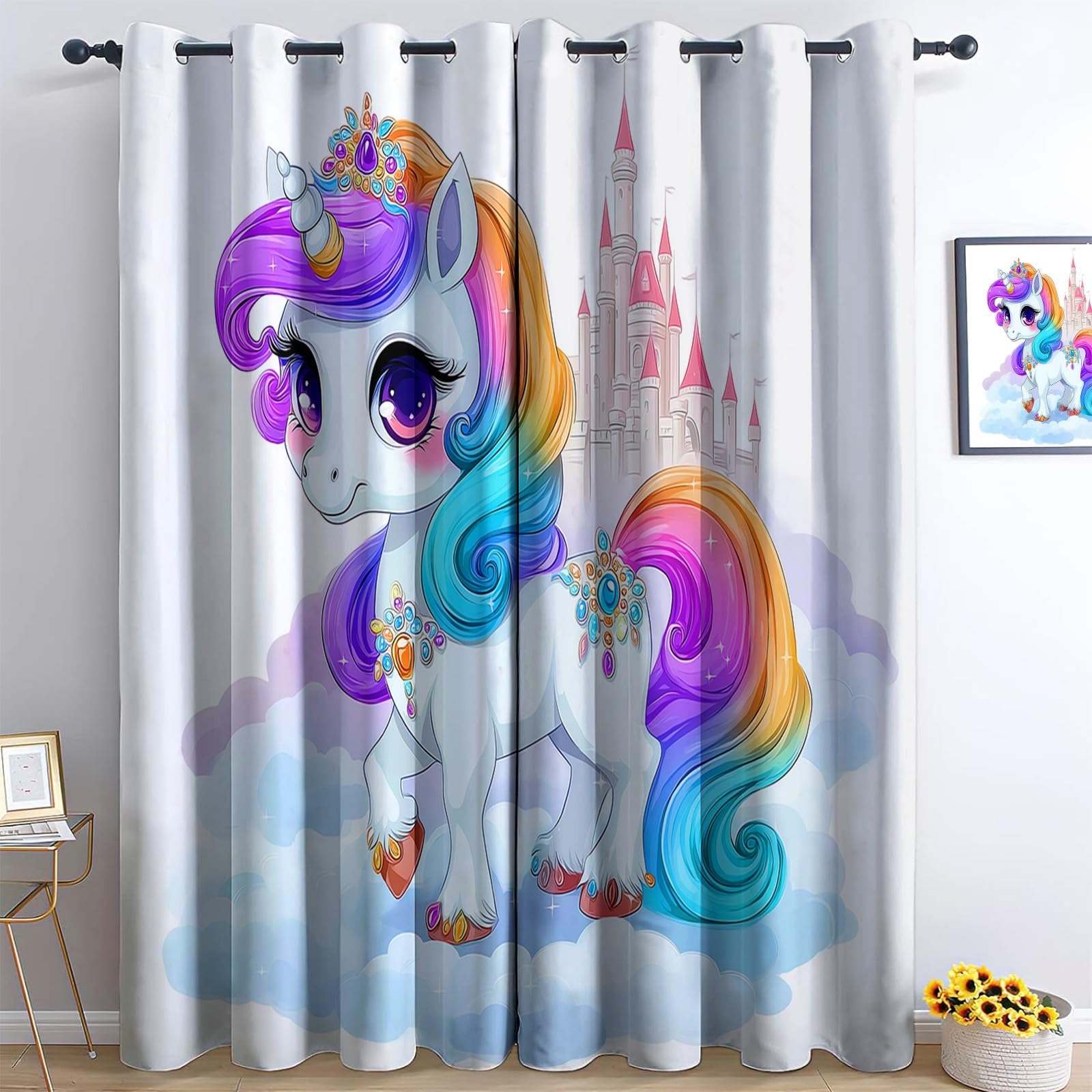Générique Rideaux Occultants Licorne de Dessin Animé Nuages pour Chambre d'enfant, Lot de 2 140L X 260H cm Rideaux Thermiques Style Simple à Œillets - Rideau Obscurité Totale pour Bébé Enfant Adulte