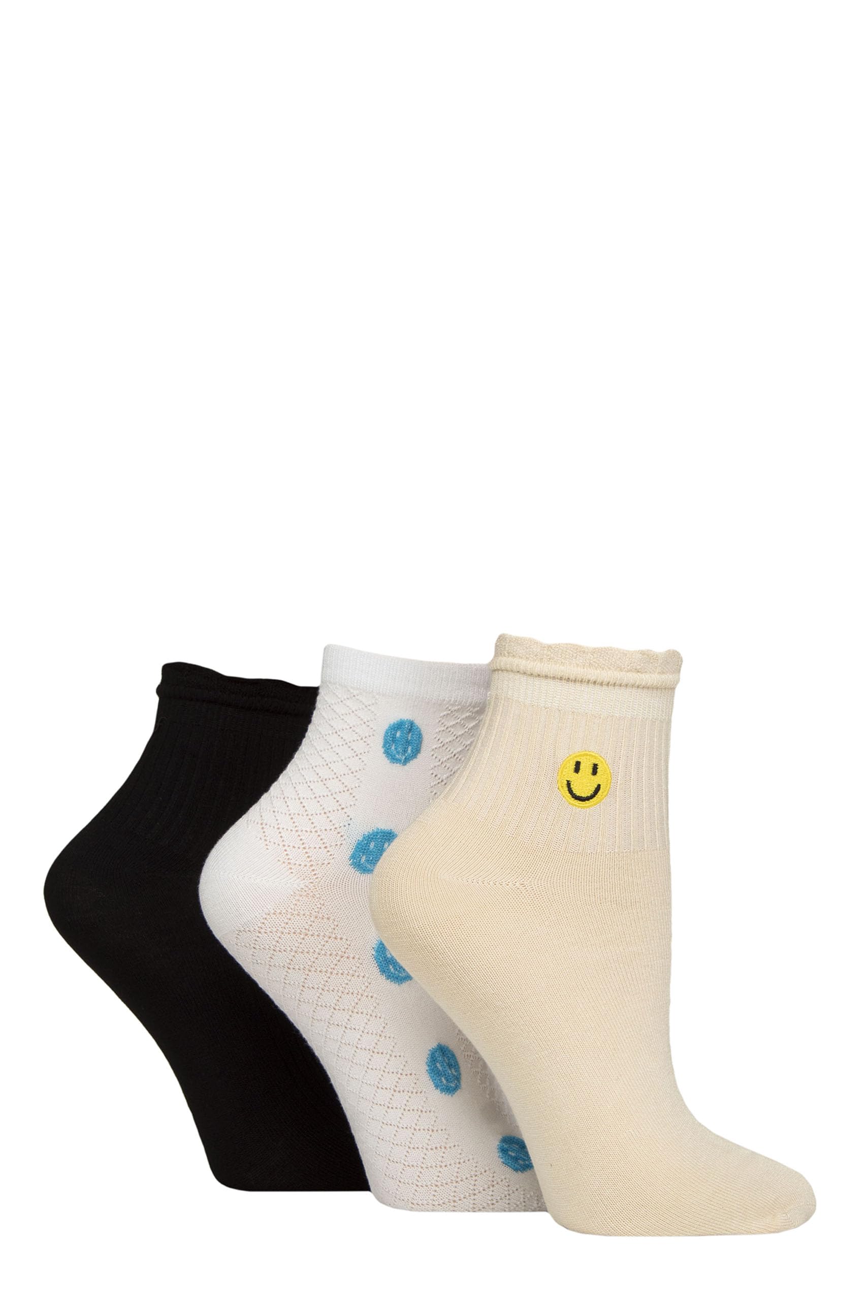 ELLE Ladies Bamboo Anklet Socks –3 Pack, Frill Cuff, Embroidered Motifs, Ribbed & Textured Weaves, Soft Breathable Cooling Material, Size 4–8 (UK, Numeric, 4, 8, Regular, Regular, Smiles)