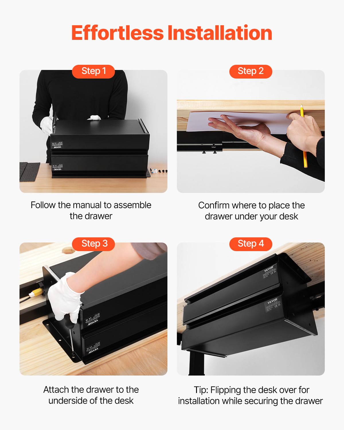VEVOR Cassetto Estraibile Sotto Scrivania 457 x 227 x 200 mm Organizzatore Nascosto per Riporre Oggetti 2 Strati, Cassetto Portapenne Sotto Tavolo, per Postazioni di Lavoro Domestiche Sit Stand, Nero