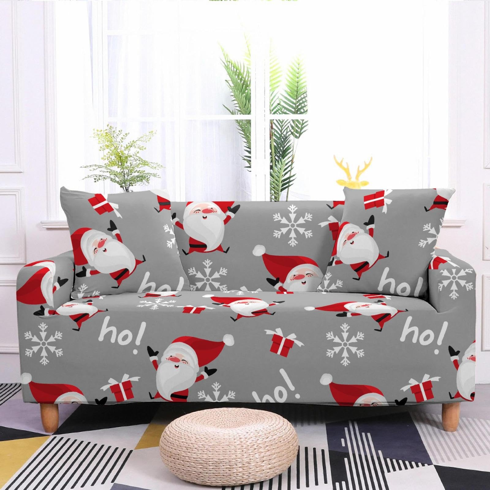 Funda Sofa 3 Plazas Navidad Roja Gris Fundas de Sofa 3 Plazas Ajustables Cubre Sofas Poliéster Cubre Sofa Elastica Lavable Cubresofa Anti Gatos Perros Funda Sofá Elastica Couch Cover Universal