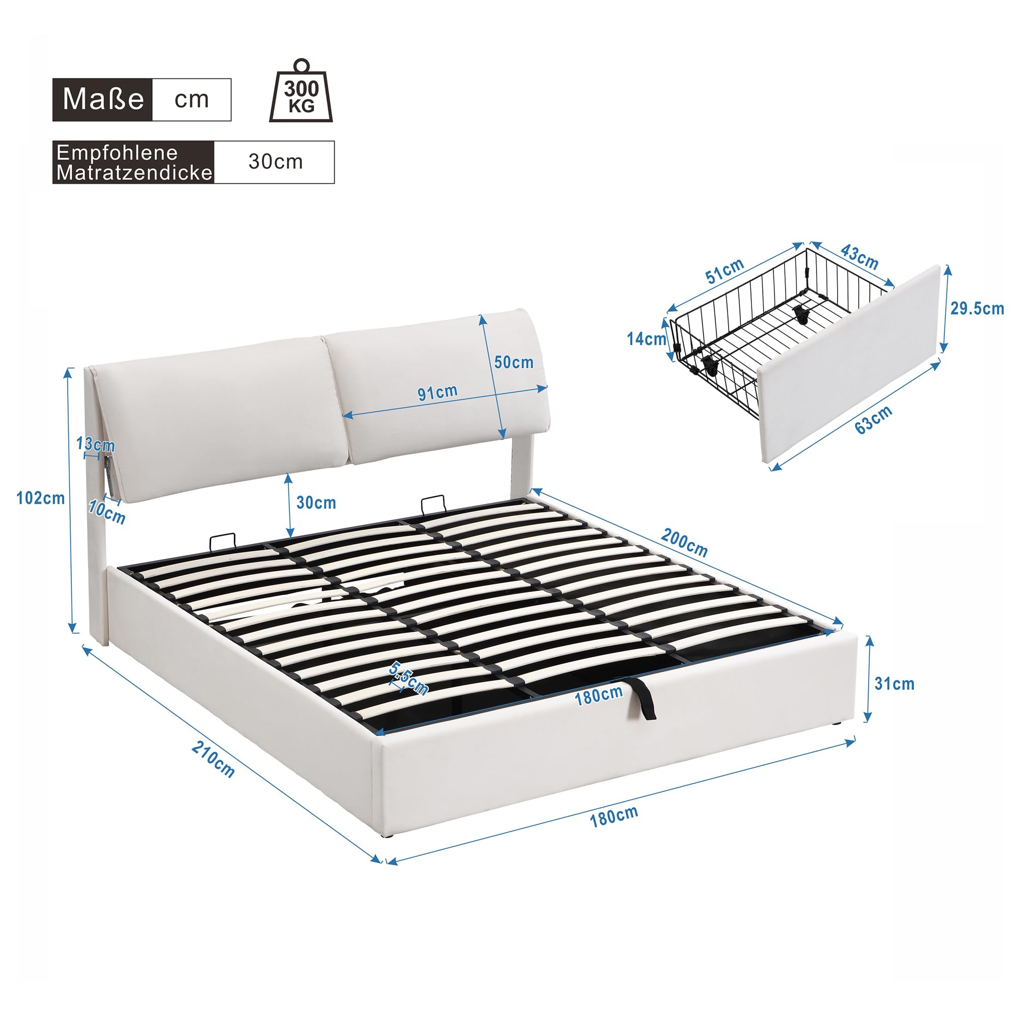 Zepneiy Lit Double180x200 avec Sommier hydraulique et 3 Tiroirs, Lit Coffre 180x200 avec Rangement et Tete de, Velours Beige(sans Matelas)