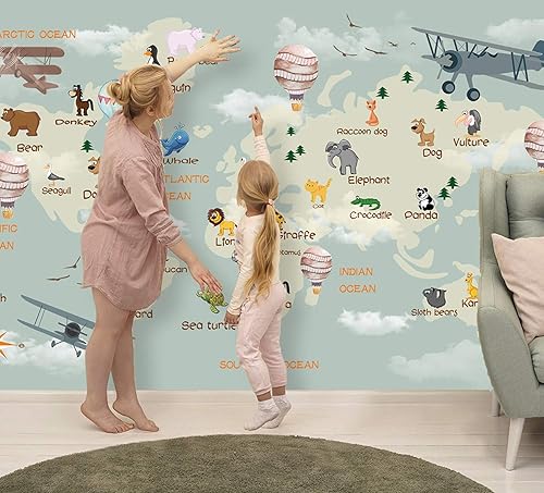 Murwall Nursery Wallpaper For Kids World Map Wall Mural Cartoon Animals and Hot Air Balloon Wall Print Children Rooms Boys Girls Bedroom Play Room