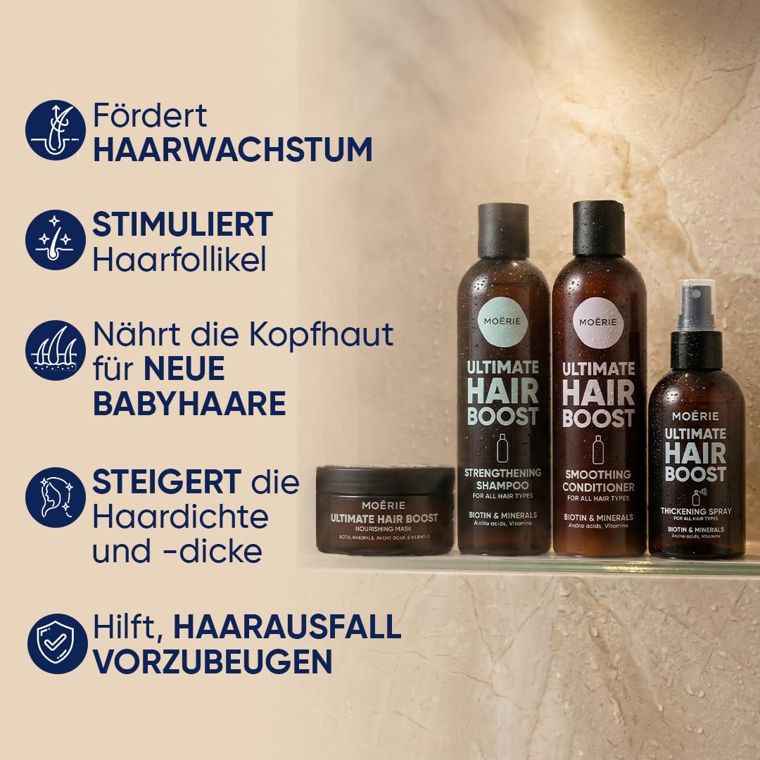 MOERIE Shampoo Set - gegen Haarausfall, Conditioner, Haarwachstum Serum & Haarmaske - natürlich Haarwachstum beschleunigen - Veganes Haarwuchsmittel Frauen & Männer - 77 Mineralien (4er-Set)