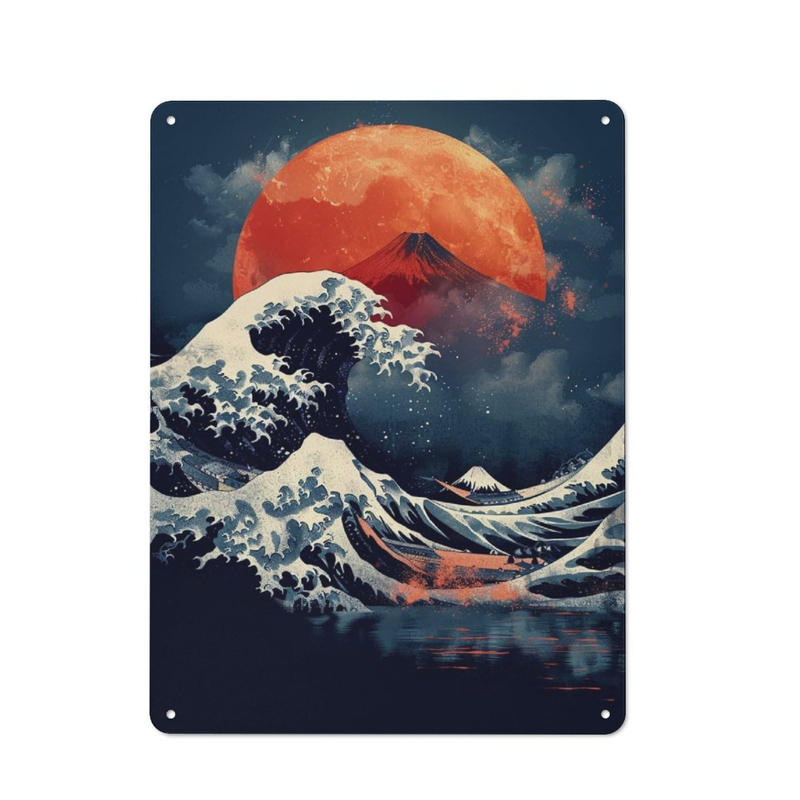 Junmoney Great Wave With Mount Fuji And Moon Tin Wall Plaque 40X30cm With For Garage Wall, For Collectors Of Retro Metal Wall Decor