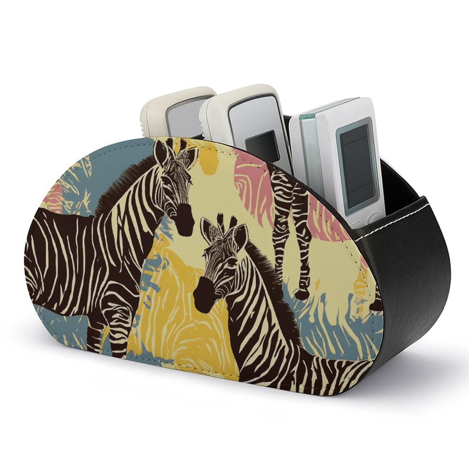 JTREHY Giraffe and Zebra Remote Holder with 5 Compartments PU Leather Remote Caddy Box Multifunction Desk Holder Organizer Box Tray Bedside Table Storage Organizer