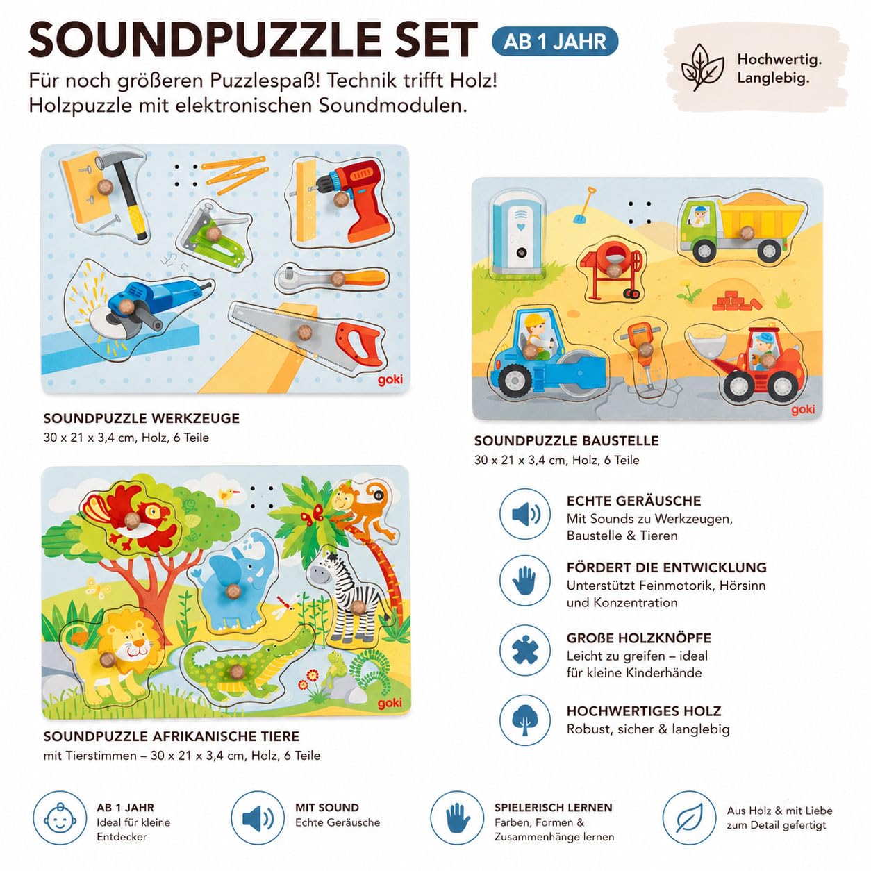 goki 6674 - Soundpuzzle Set, jeweils 6 Holzteile inkl. Greifknopf, 3 unterschiedlichen Motiven und passdenden Geräuschen, Werkzeuge, Baustelle und afrikanisch Tiere, 30 x 21 x 4cm, ab 1 Jahr