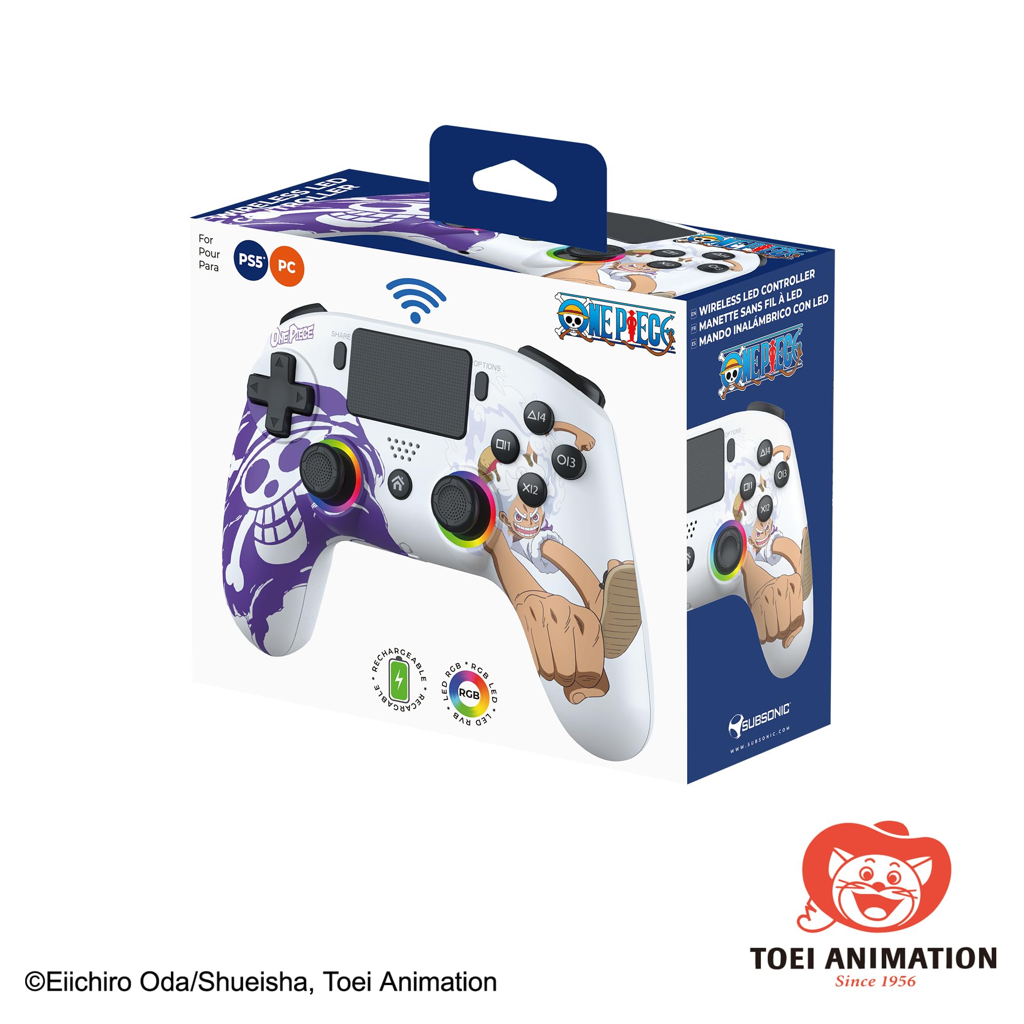 SUBSONIC - Kabelloser Controller PS5 One Piece Luffy Gear 5 - Weiß | Controller mit offizieller Lizenz – Ergonomisch, personalisierbare LEDs und Trigger, Vibration, Touchpad – PS5 & PC