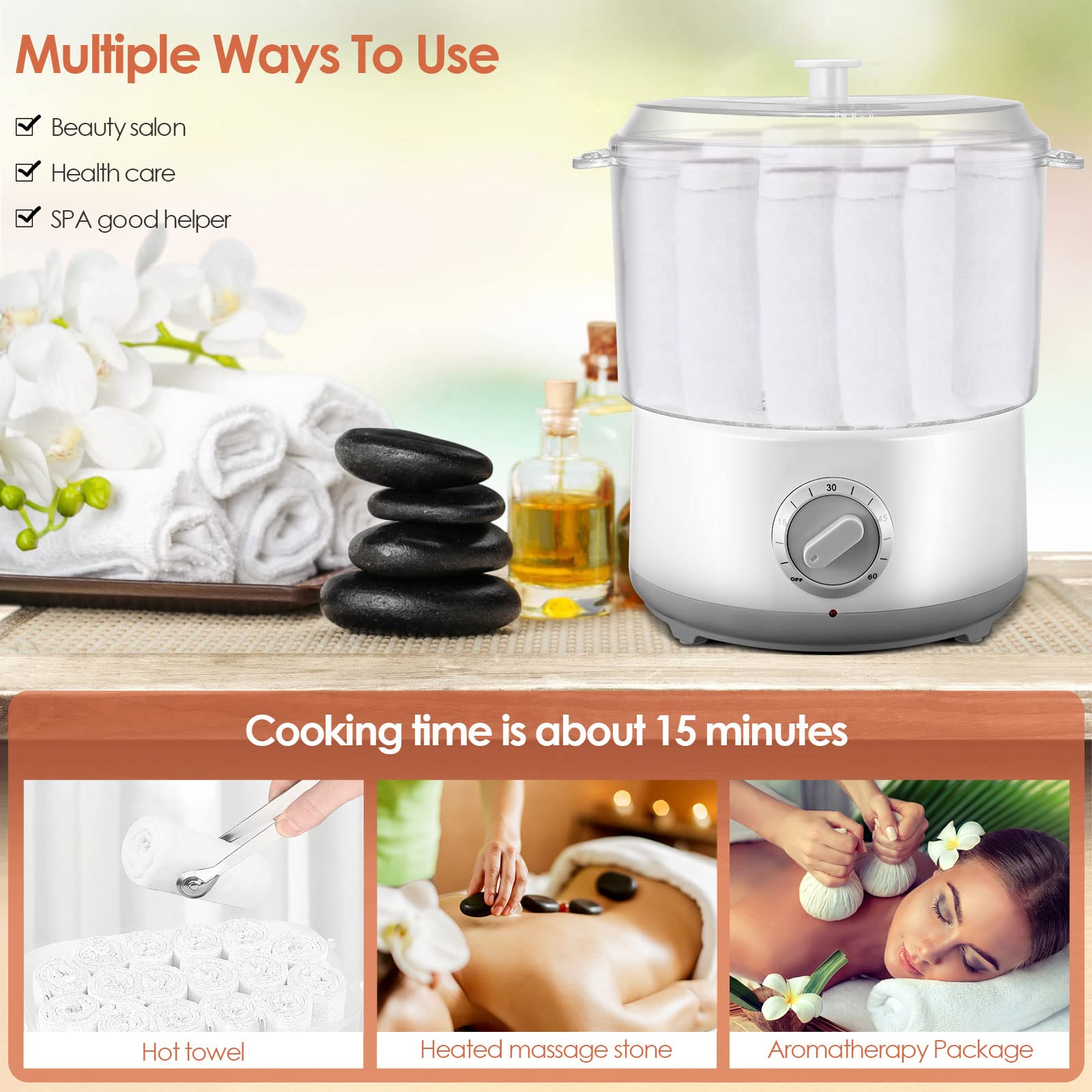 Défroisseur vapeur 60 minutes, minuterie, chauffage vapeur en acier inoxydable 304, chauffe-serviettes multifonction pour salon de beauté, spa, maison, chauffage des pierres de massage et sac