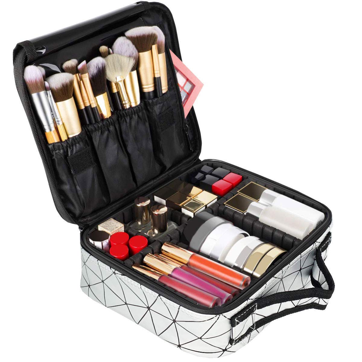 House of Quirk Nylon Makeup Box/Cosmetic Travel Storage Case With Adjustable Compartment (Silver Diamond),W-22 Cm, Free Size
