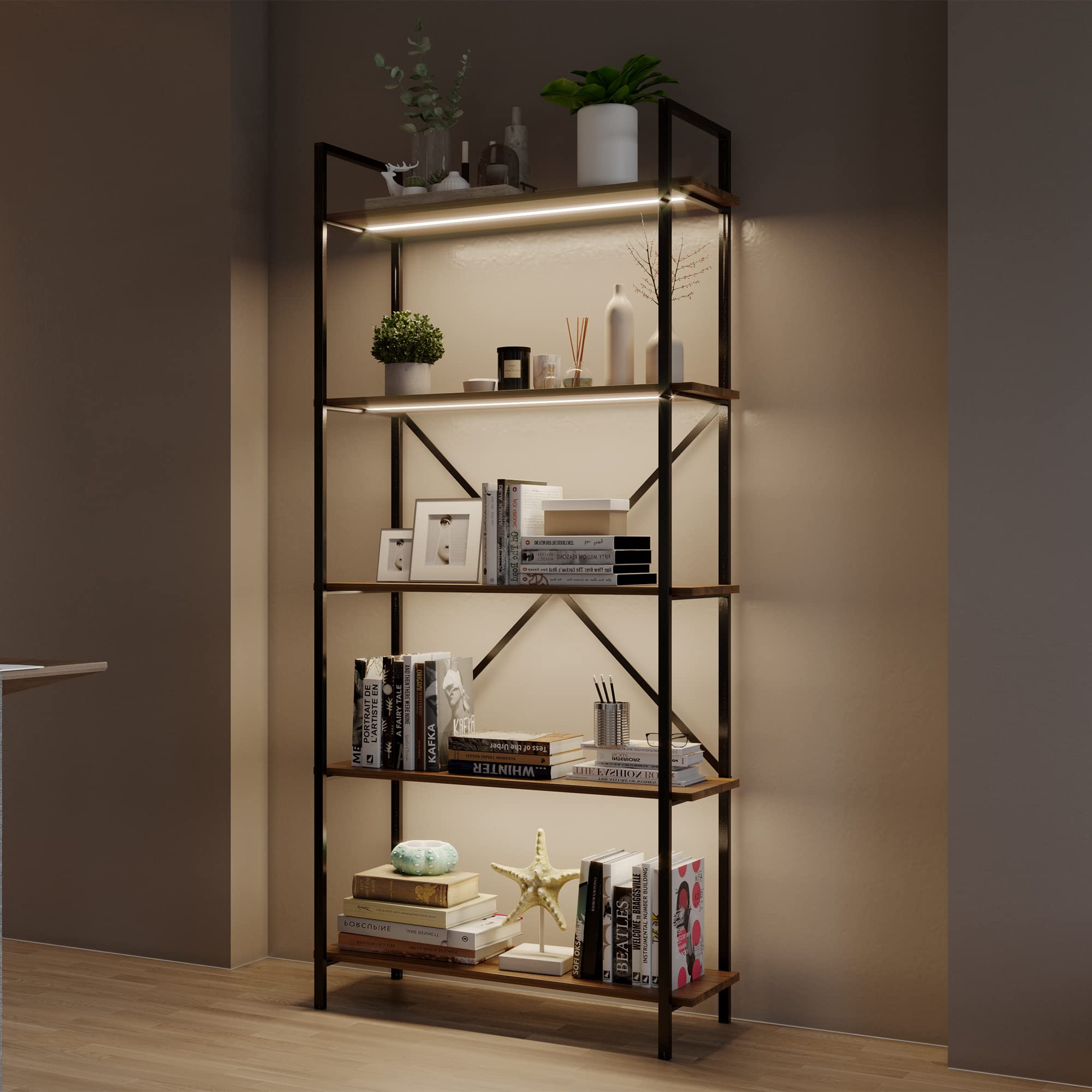 Buy Vlsrka 5 Tier Bookshelf with 3 LED Lights, Industrial Bookshelf