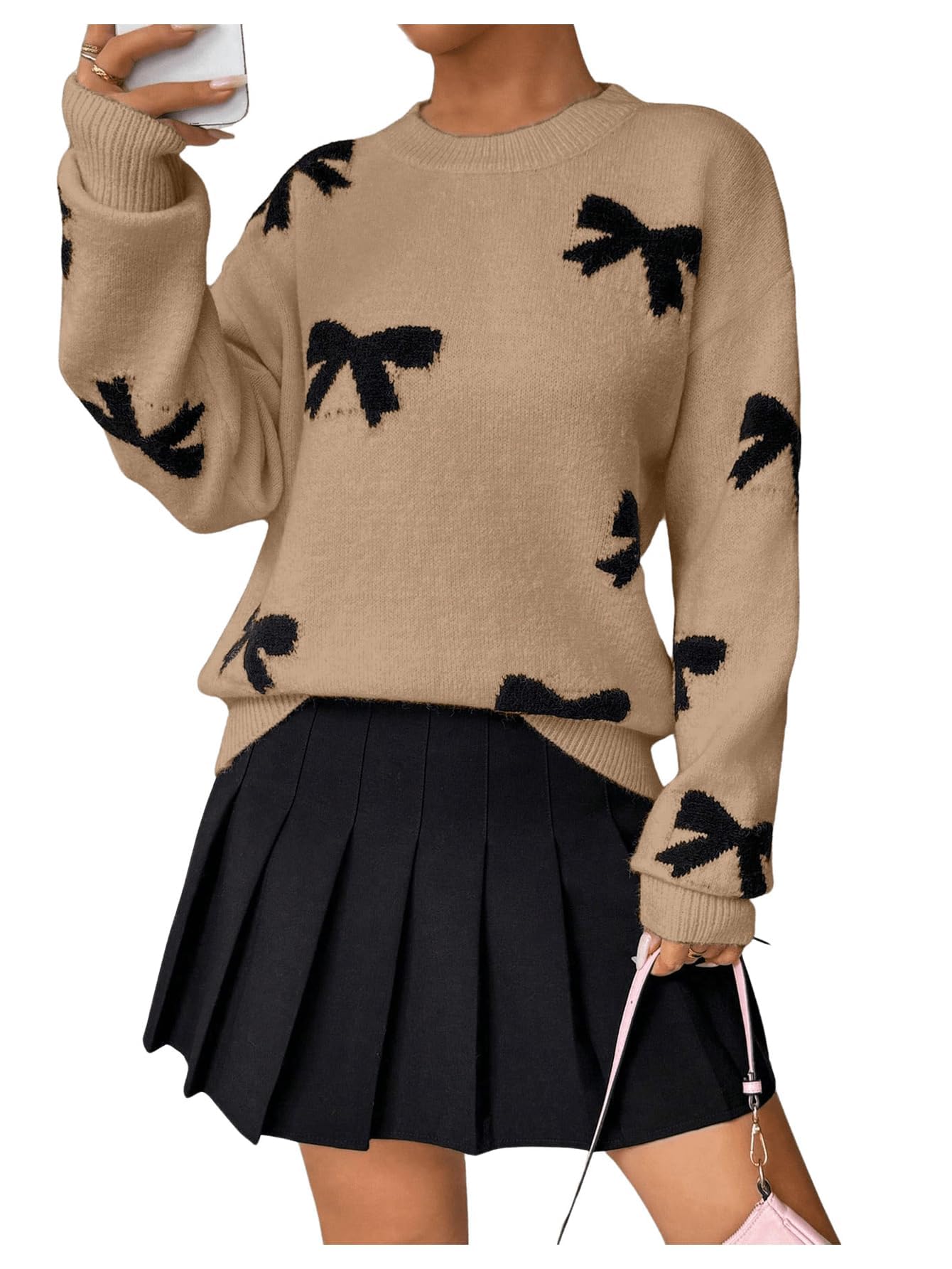 Bow Sweater Women Long Sleeve Crewneck Cute Sweaters Casual Vintage Sweater with Bow Winter Oversized Sweaters
