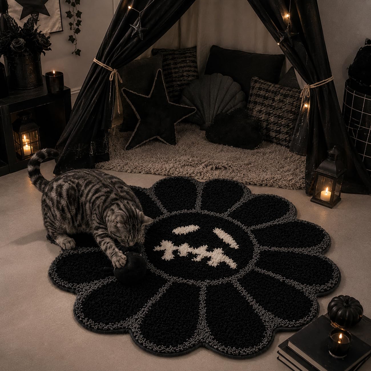 Trippy Happy Face Tappeto fresco Tufted ad asciugatura rapida tappetini da bagno per bagno antiscivolo tappetino da bagno assorbente acqua 0,9 m tappeti da bagno neri Halloween gotico fantasma