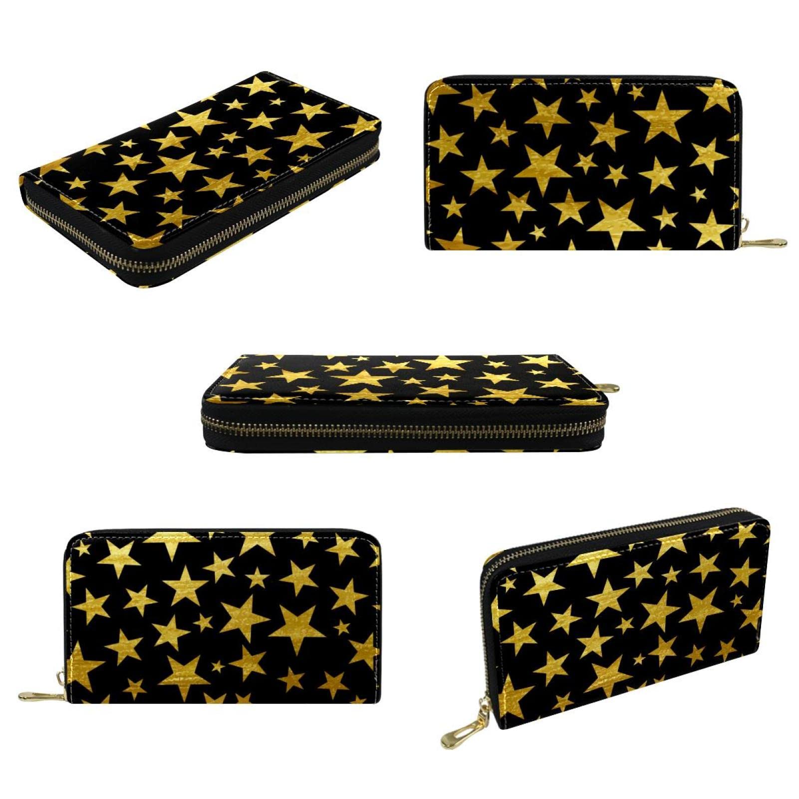 Cartera larga de piel con cremallera y fondo negro con estrellas, Varios colores, 20.5x2.5x11.5cm/8.07x1x4.53 in, Classic