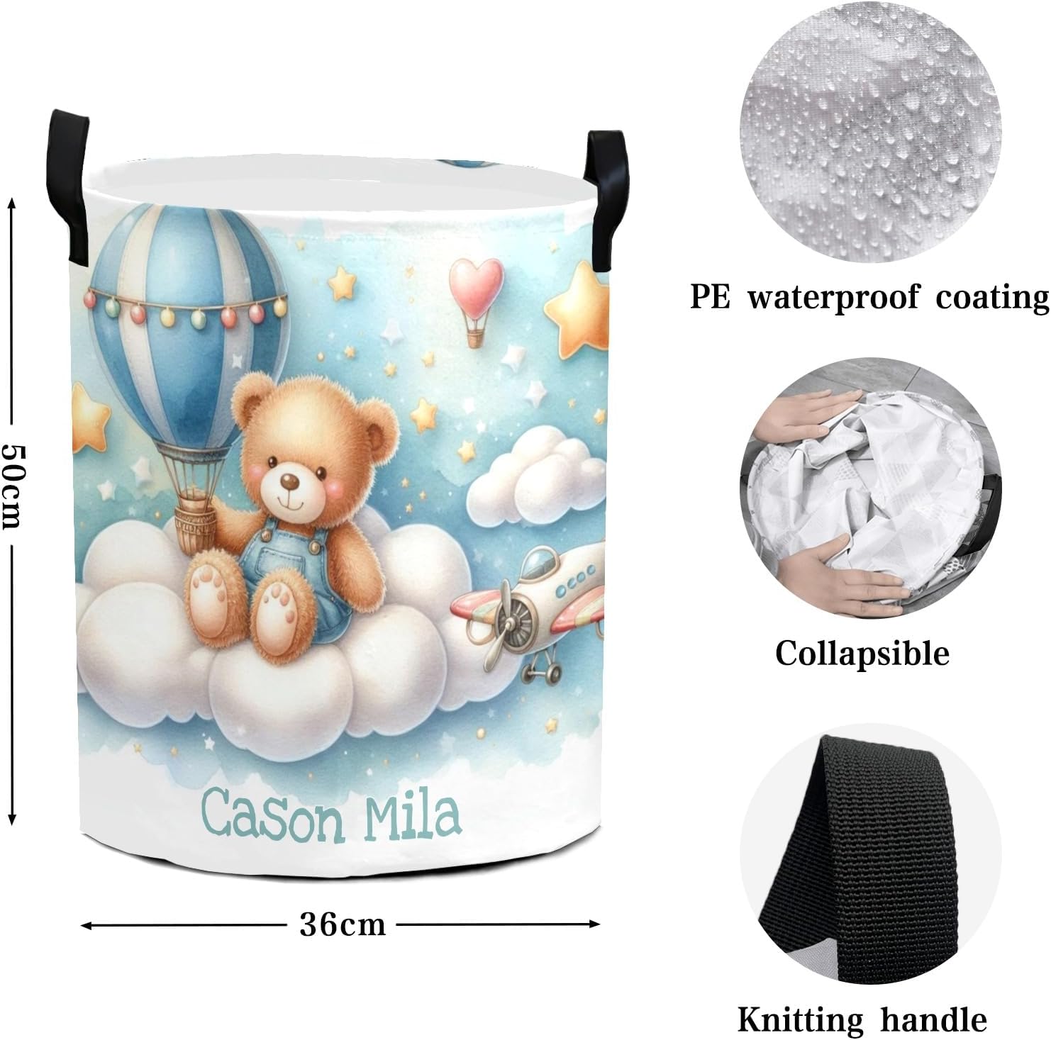 Pilot Bear Airplane Personalized Laundry Basket Custom Name Collapsible Waterproof Laundry Hamper Clothes with Handle for Bedroom Bathroom Nursery Decor