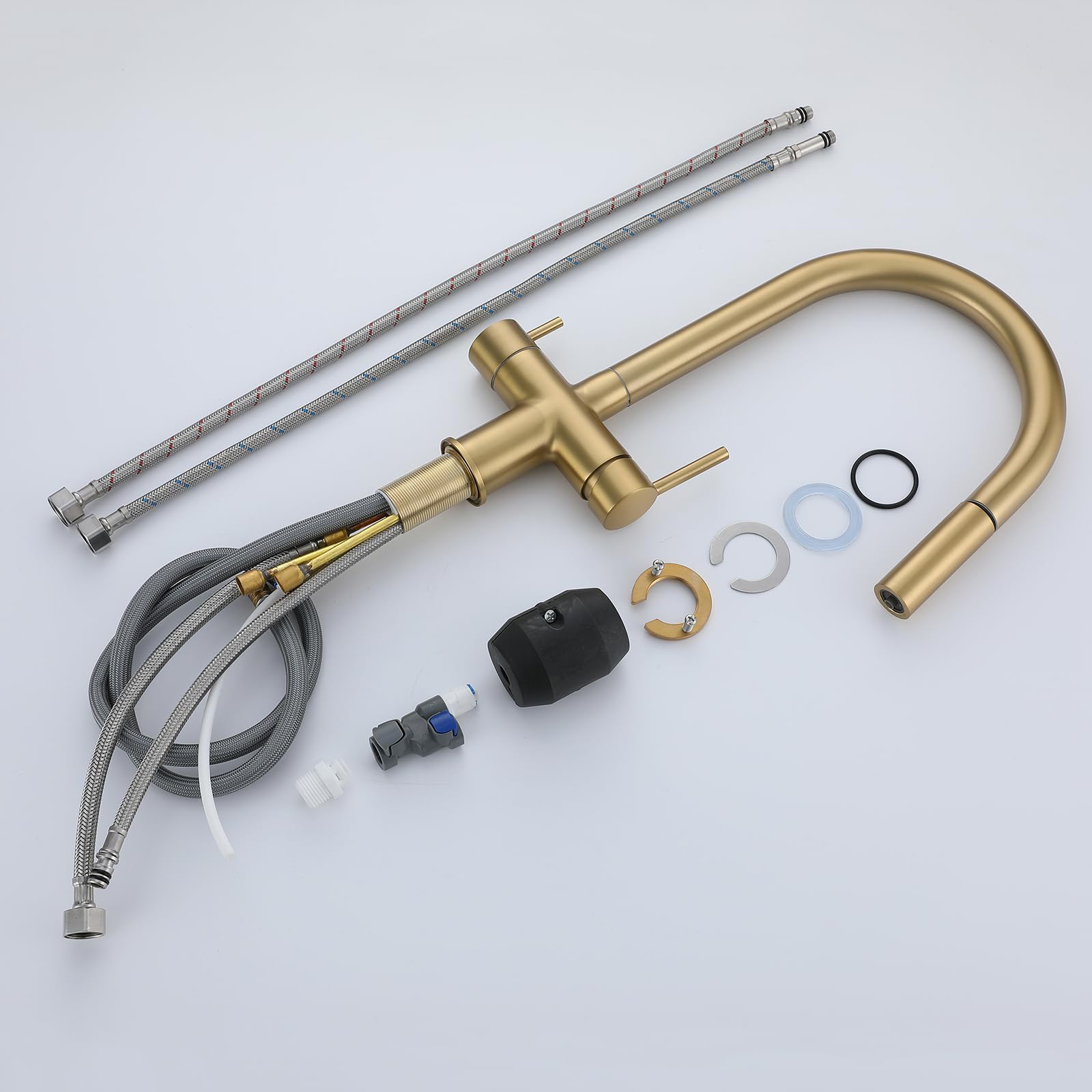 Grifo Cocina Tres Vias Extraible Oro Cepillado Giratorio a 360° Latón Grifo Fregadero 3 Vias Osmosis-Oro Cepillado