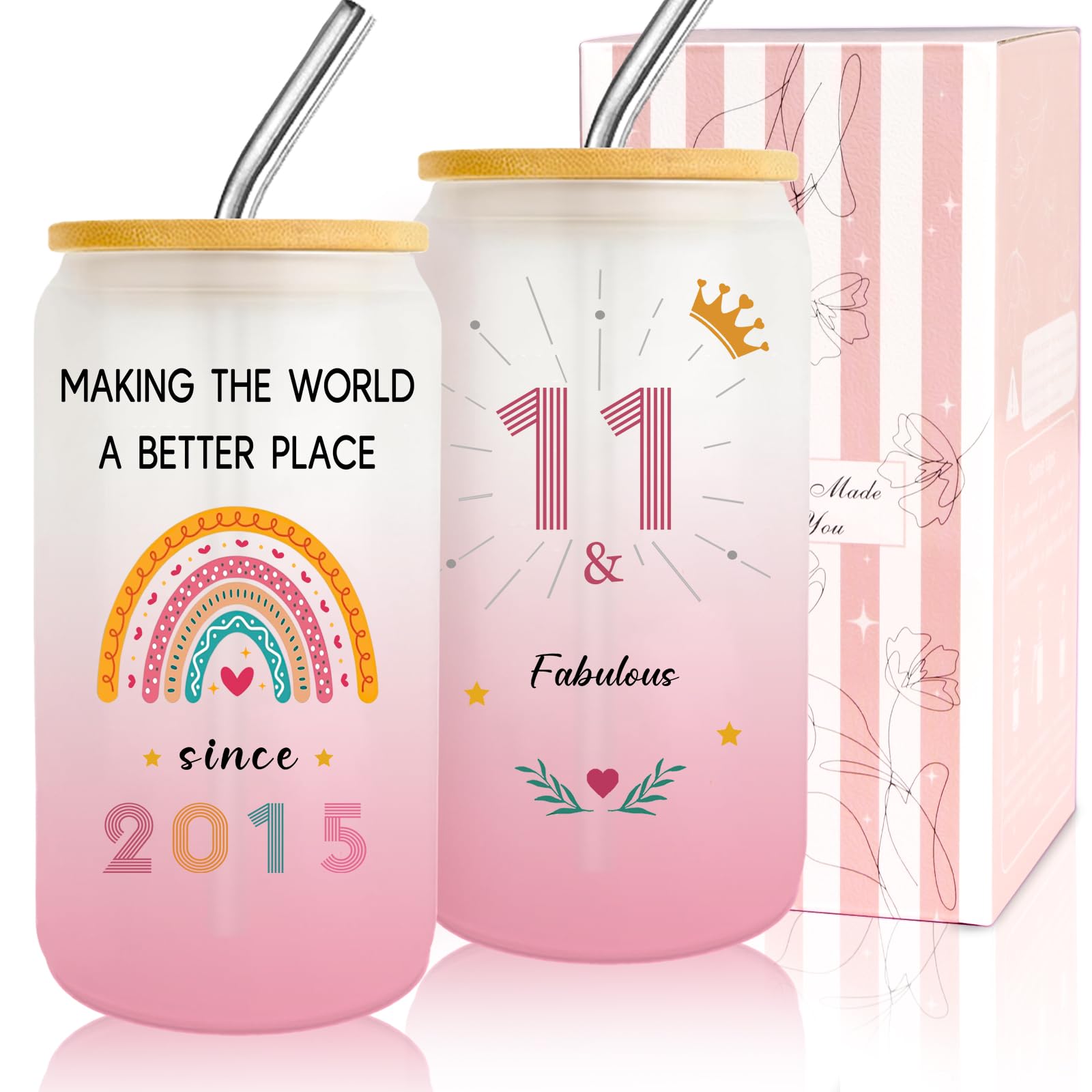 Zyphoria 11 Year Old Girl Gift,11th Birthday Gifts for Girls,Happy 11th Birthday Glass Cup with Lid and Straw Gift Ideas, Gifts for 11 Year Old Girls,11th Birthday Decorations for Daughter,Sister-1pc