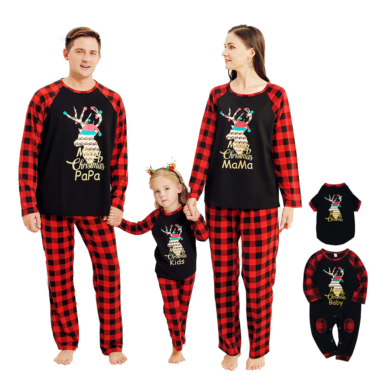 SH-RuiDuFamily Christmas Matching Outfits, Reindeer Plaid Clothes Set for Pet Baby Kid Parents
