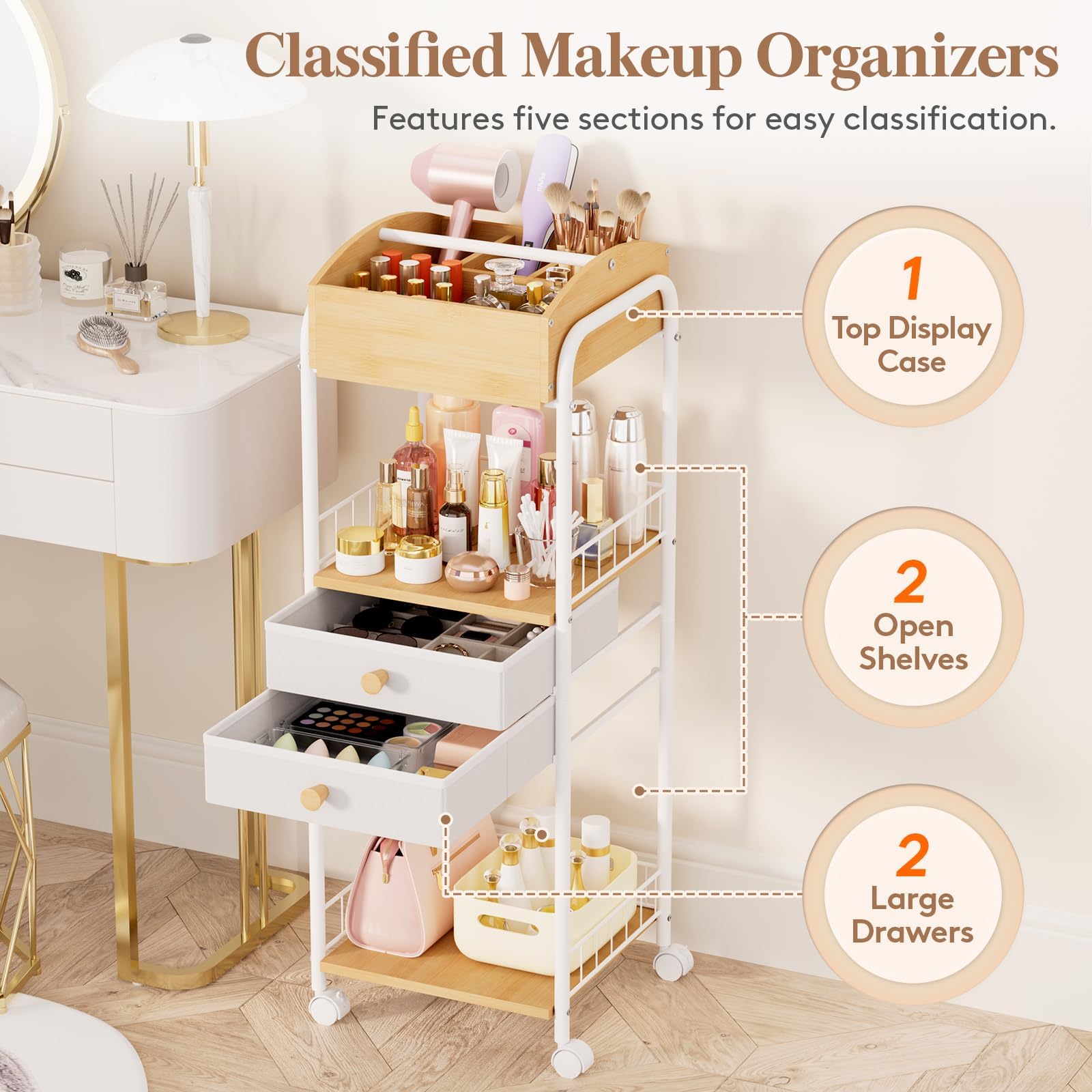 Lifewit Floor Makeup Organizer Storage Cart with Drawers and Wheels, Skincare Cosmetics Organizers with Removable Top Tray, Vanity Organizer for Nail Polish Perfume Makeup Brush, Ideal Gift, White
