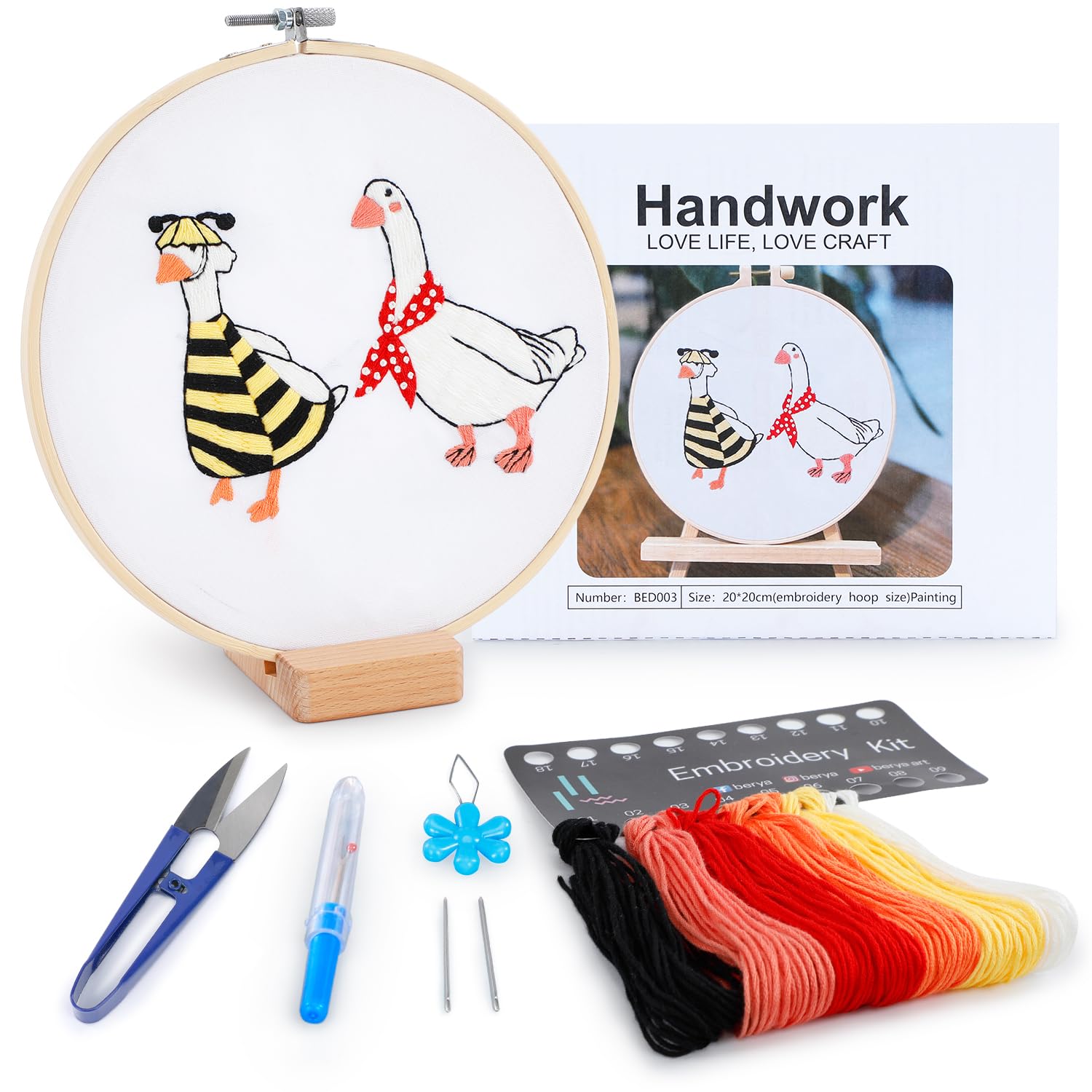 Embroidery Kit for Adult Beginners, Bee Goose Embroidery Kit with Step-by-Step Instructions and Video,Printed Cloth,7.87" Hoop, Display Stand,Color Threads,Threader & Needles for Craft Lover(BED003)