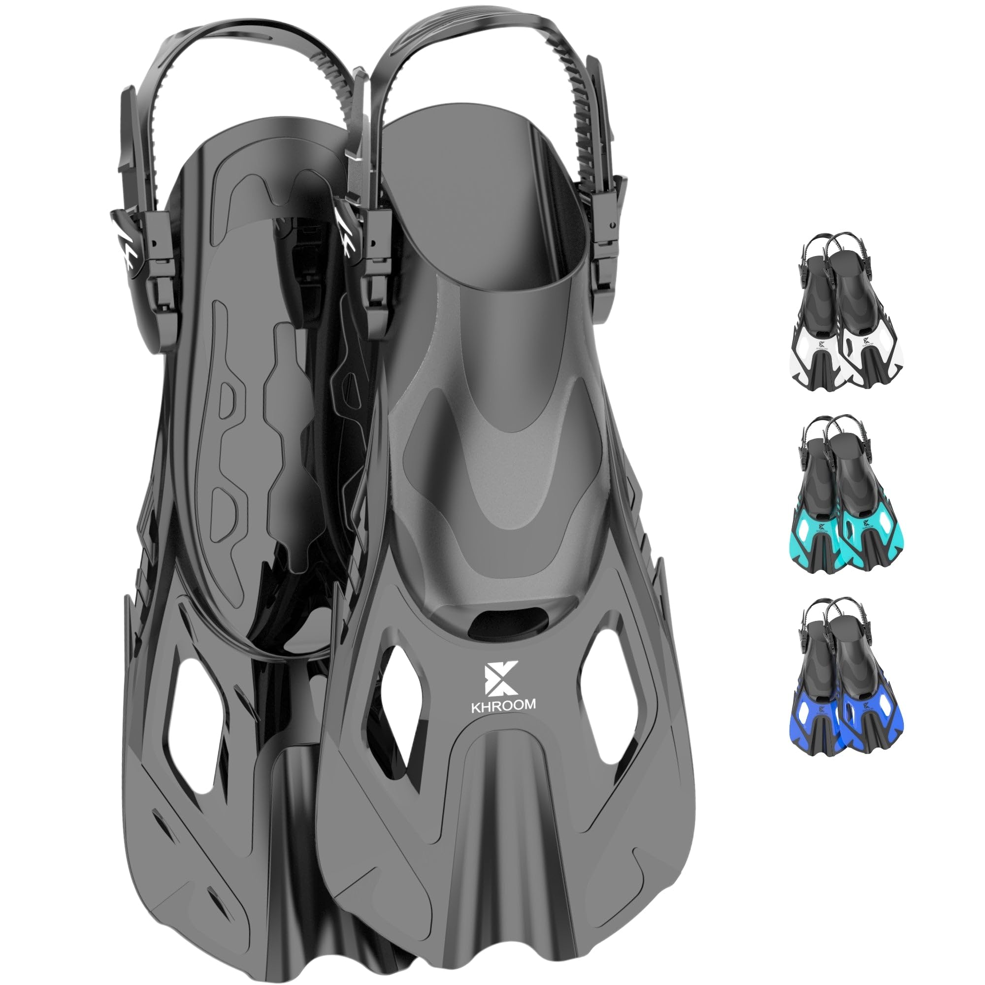 Khroom Aletas Cortas Adultos / niños Talla 32-47 | Aletas de Snorkel Ajustables | Aletas de Natación Cortas para Snorkel / Buceo Negro (42-47)