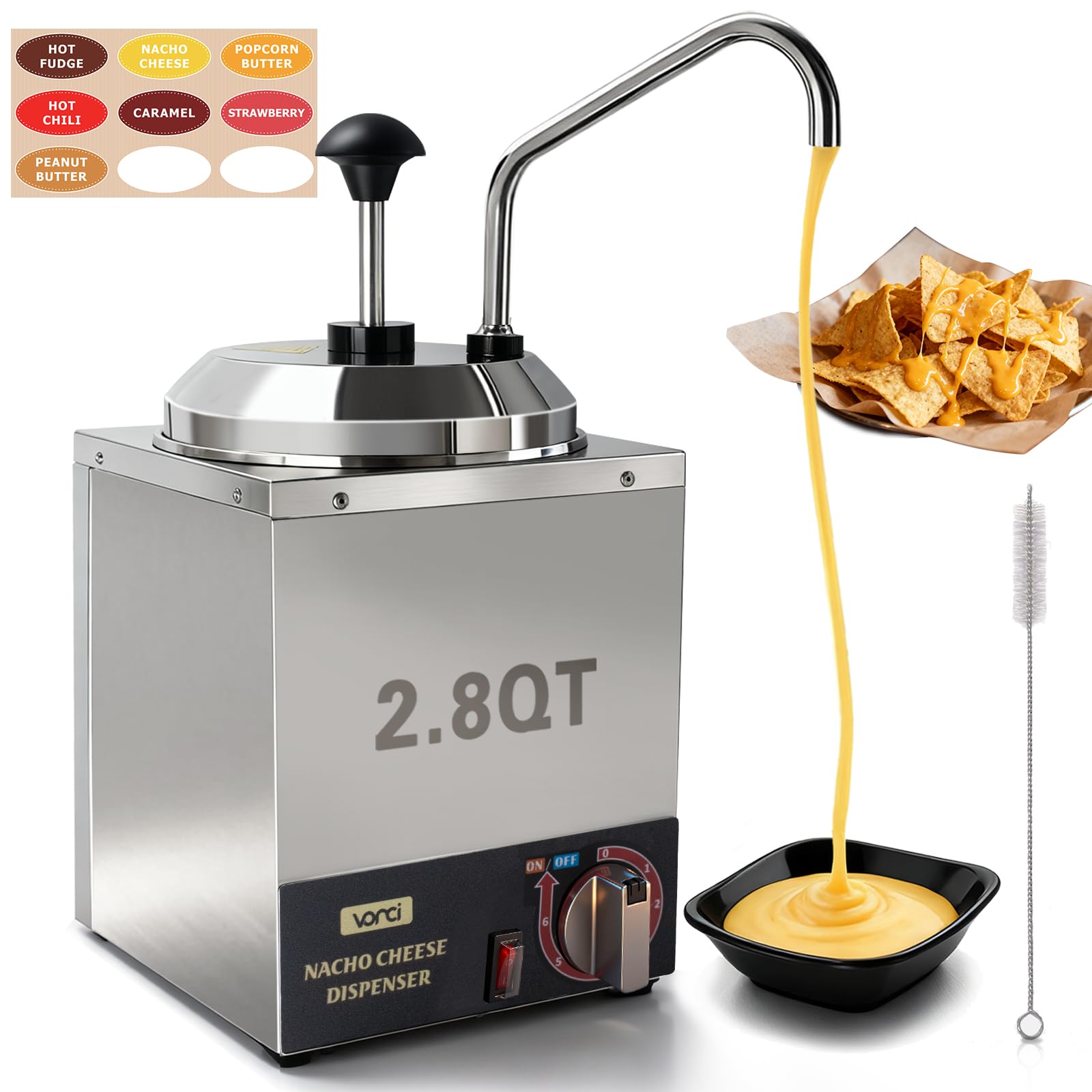 VONCI Dispensador de queso Nacho, calentador de queso Nacho de 2.8 cuartos de galón con bomba de acero inoxidable, dispensador de dulce caliente con control de temperatura de 6 niveles, dispensador de