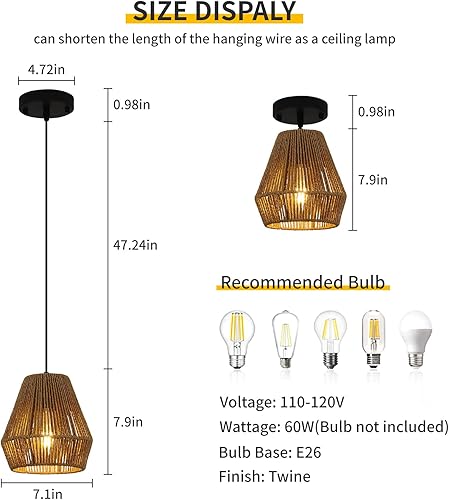 Miniatura 4 de PINDODO Lámpara colgante tejida, lámpara bohemia de ratán tejida a mano de 12 pulgadas, lámpara colgante de techo de granja, iluminación colgante
