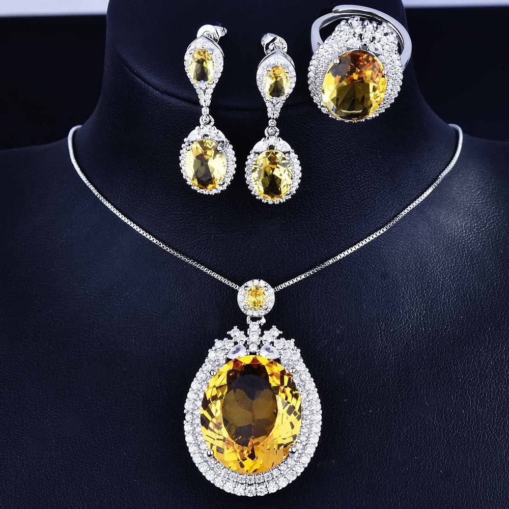 Fashion Luxury Big Pigeon Egg Golden Diamond Color Treasure Pendant Long Earrings Open Ring Female Oval Micro-Inlaid Zircon Wedding Ring CZC433 (Yellow Diamond Ring)