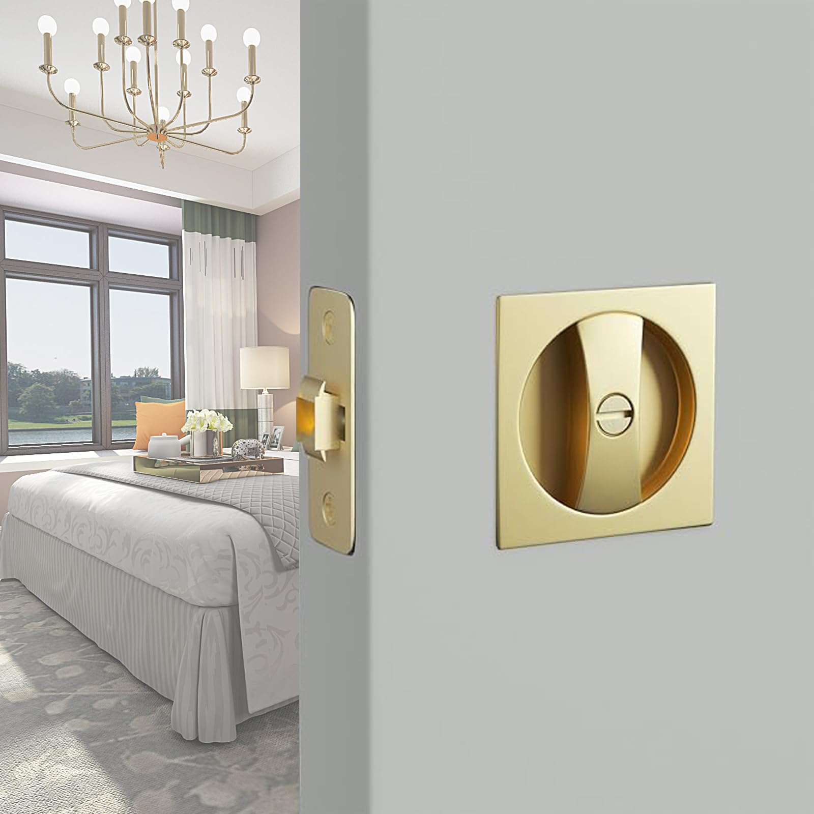 Serrure de porte coulissante carré or 66 mm pour panneau en bois