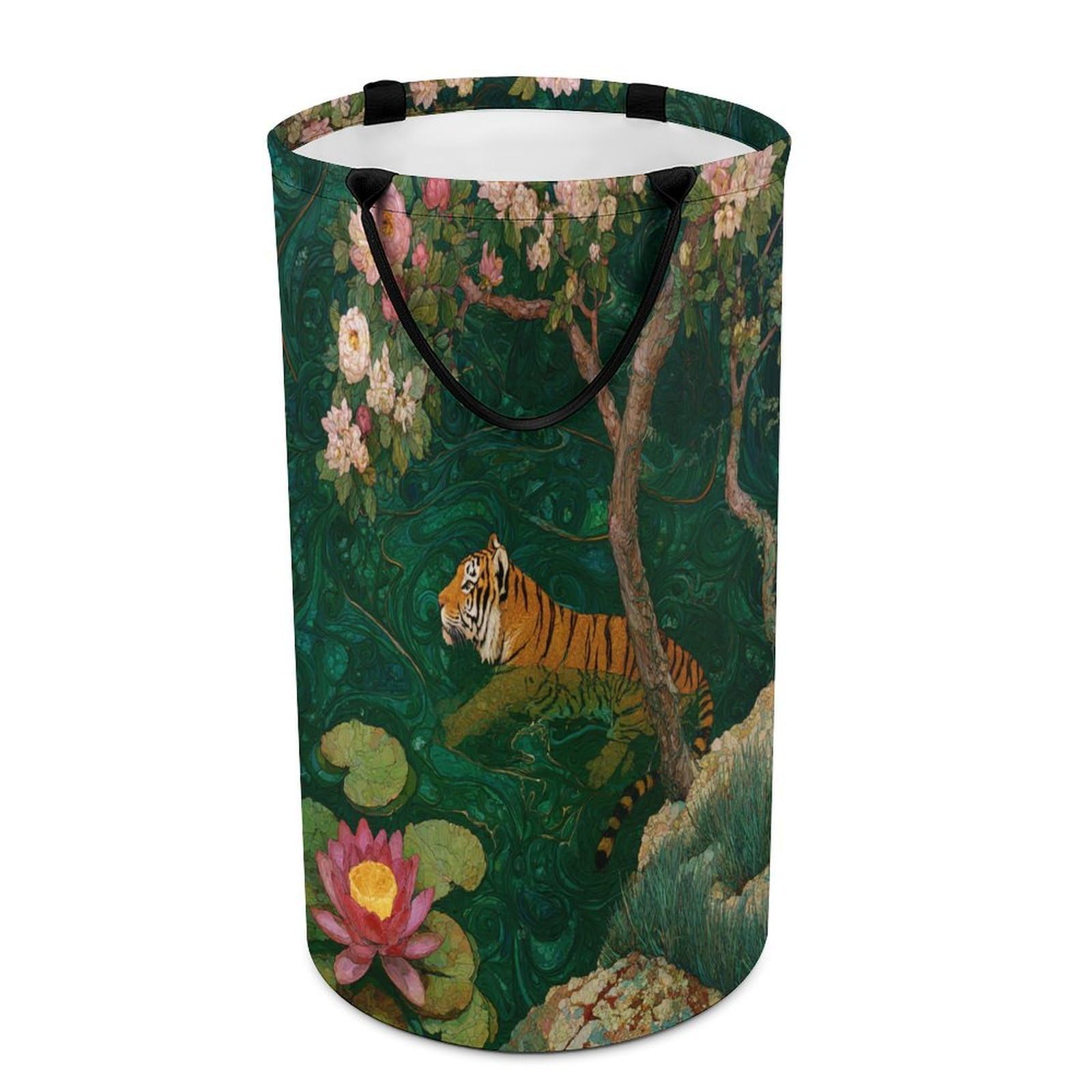 LUYYSKY Vintage Beautiful Animal Tiger Versatile Storage Laundry Basket, Realistic Watercolor Japanese Cherry Blossom Lotus Floral Large Bathroom Laundry Hamper With Handle-40 CM Dia, 69 CM High