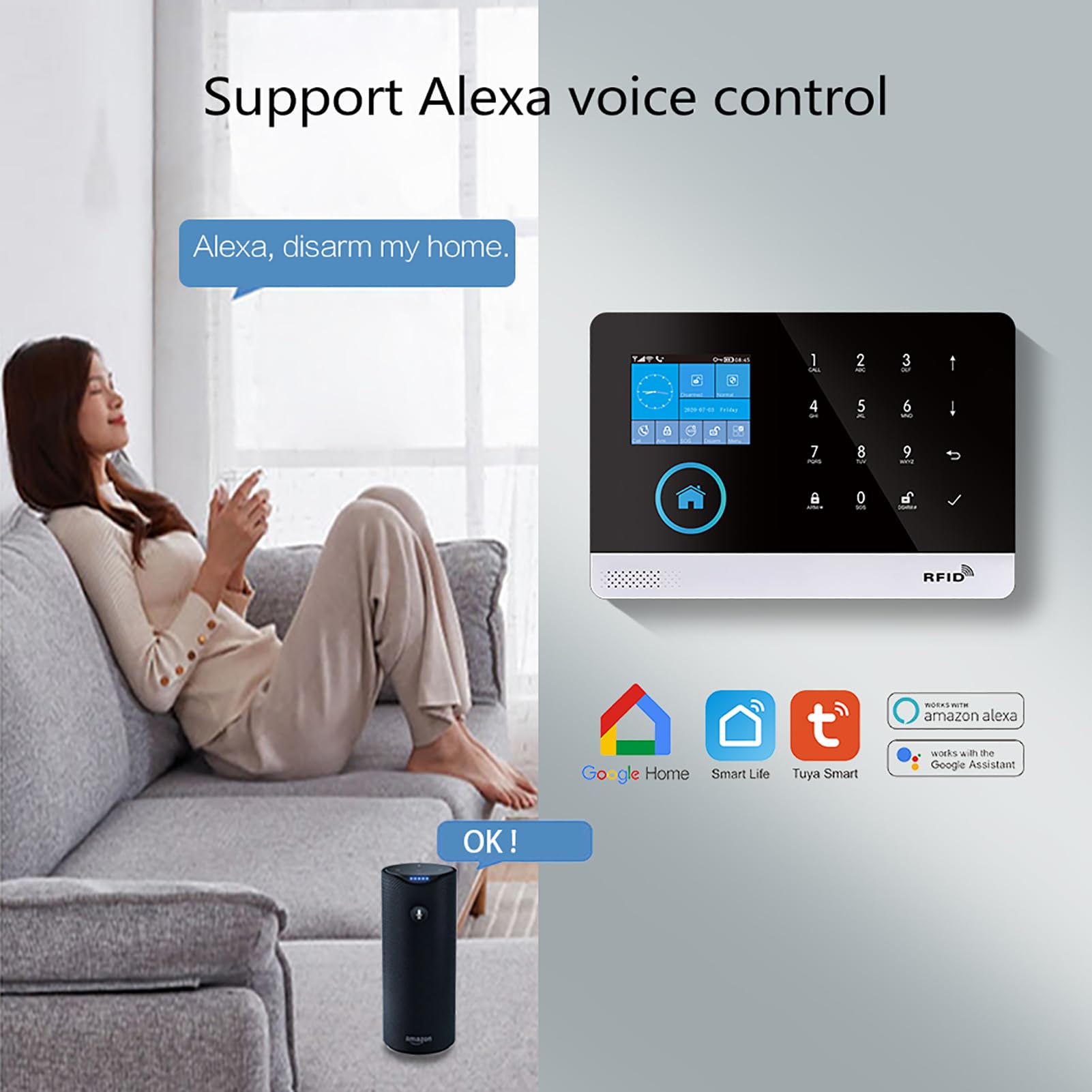 Wireless Home Alarm Security System 13PCS 433MHz LCD Display with Host Remote Controls Alarm Window Door Sensor WiFi+GSM Auto Dial Alarm Compatible with Alexa Google Home Voice Control