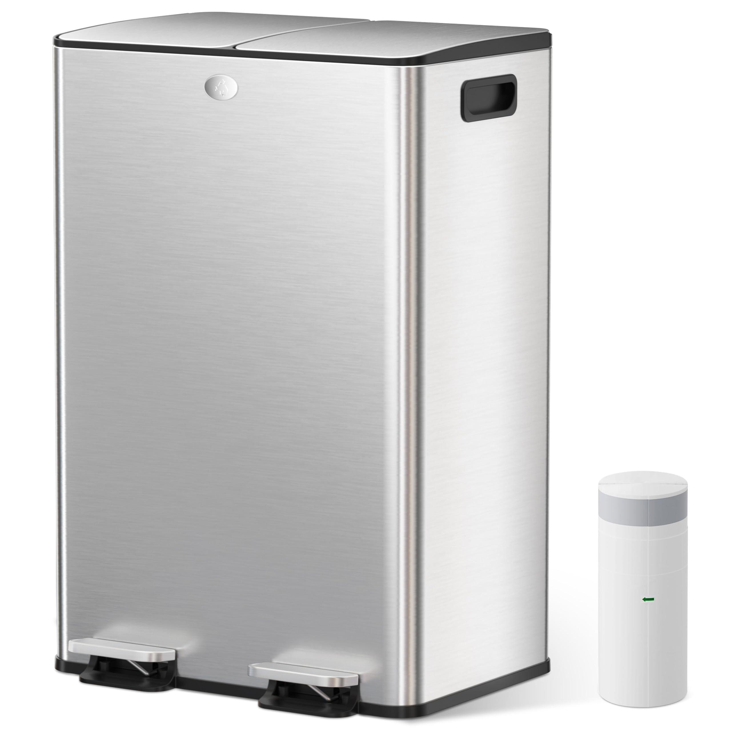 YASHE Mülleimer 2 Fächer mit Deckel, 2x30L Mülleimer Küche, Tretmülleimer Edelstahl mit 20 Müllbeuteln, Herausnehmbaren Inneneimern, Soft-Close