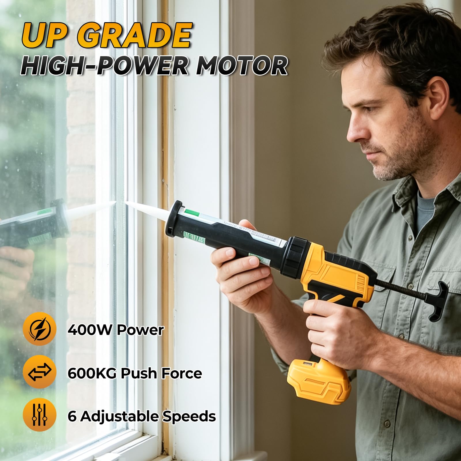 Pistola de cartucho con batería, compatible con batería DeWalt 18 V 20 V, 600 kg de fuerza de empuje, pistola eléctrica de silicona ajustable en 6 niveles con luz LED para cartuchos de 300 ml (sin
