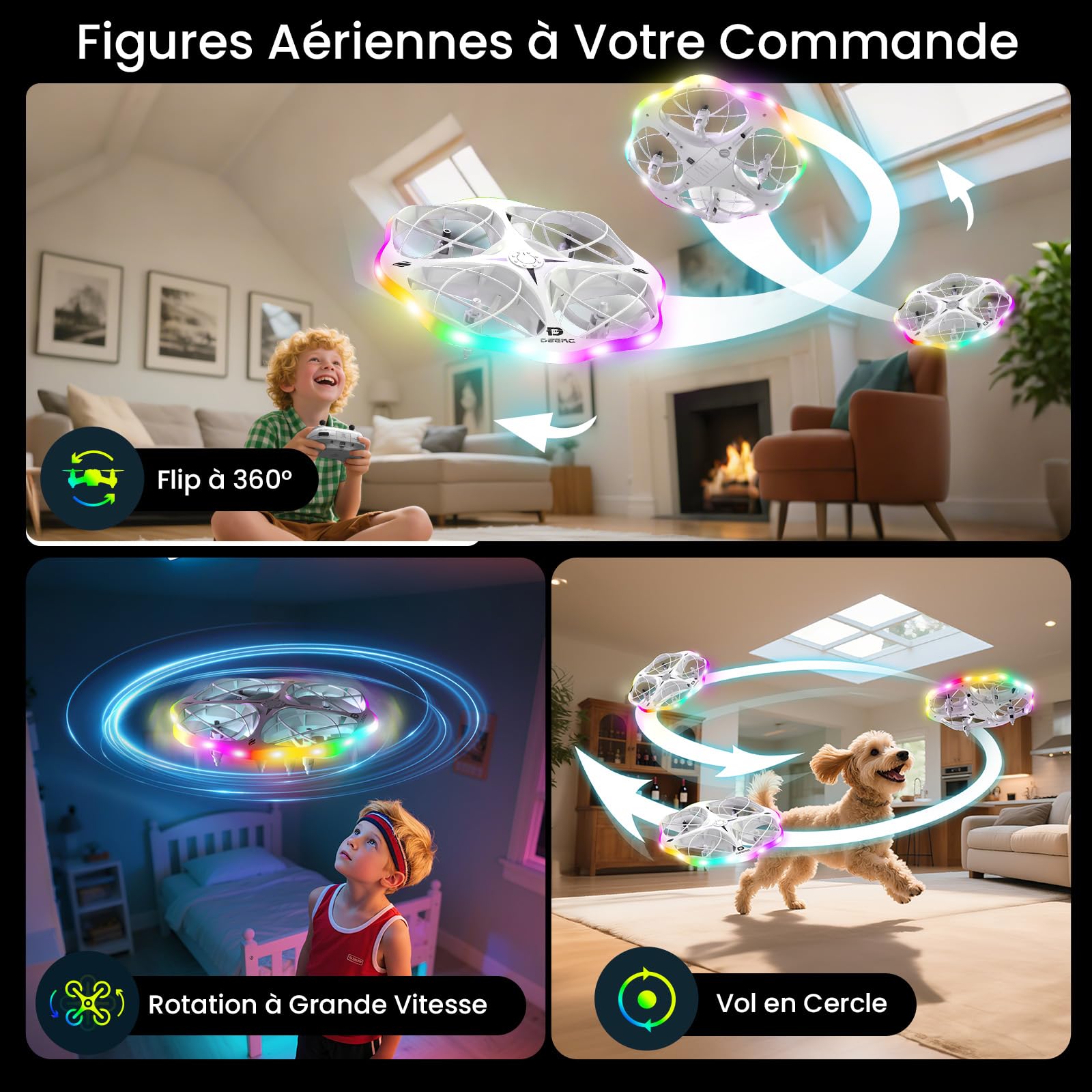 DEERC D13 Mini-Drohne für Kinder mit Hinderniserkennung, 6 LED-Lichtmodi, kleines UFO-Spielzeug, 3 Akkus für längere Flugzeit, Wurfstart, 3D-Flips, Geschenk für Jungen und Mädchen von 6–12 Jahren