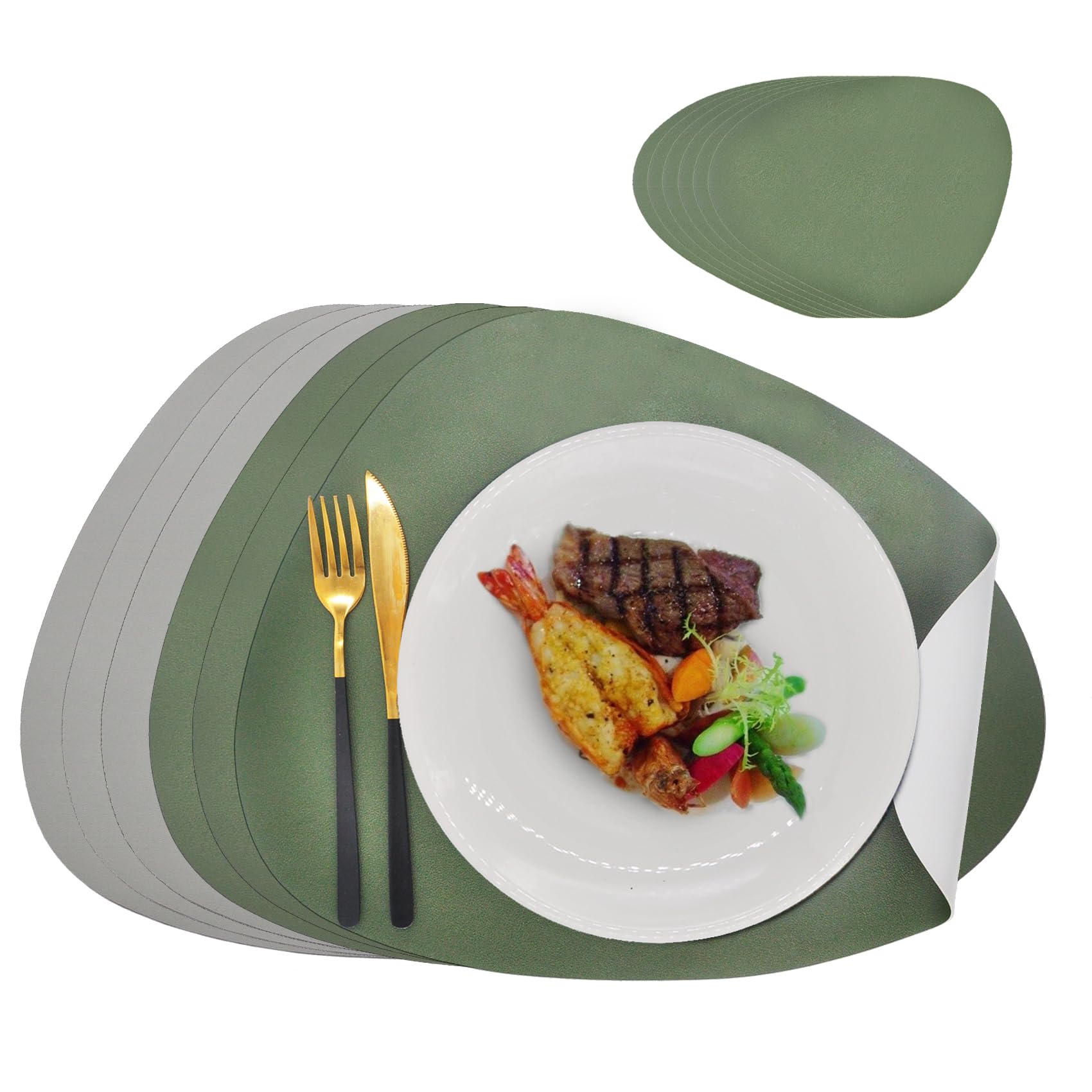 Double Side Leather Placemats and Coaster Sets of 6 - Washable Non Slip Table Mats Hot Resistant for Dining Table (Olive-Grey, 6 Placemats + 6 Coasters)
