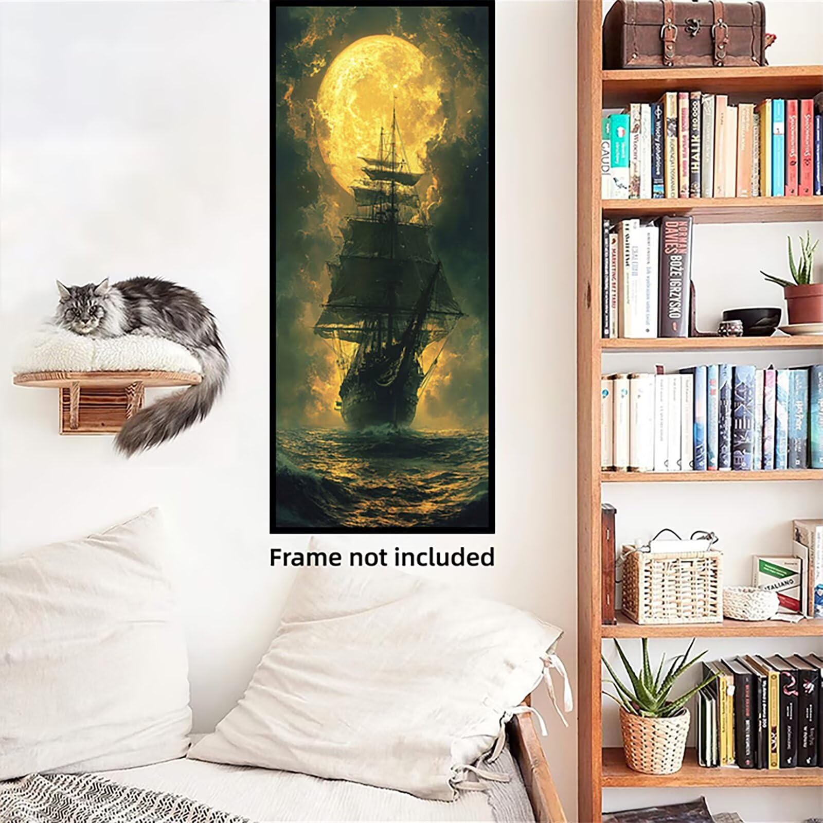 Malen Nach Zahlen 50x150cm Leinwand Mond Malen Nach Zahlen Erwachsene mit Ohne Rahmen, DIY Kreativ Set für Erwachsene mit Pinseln und Acrylfarbe, Zimmer Deko Segelboot Landschaft Geschenk, P0M-467