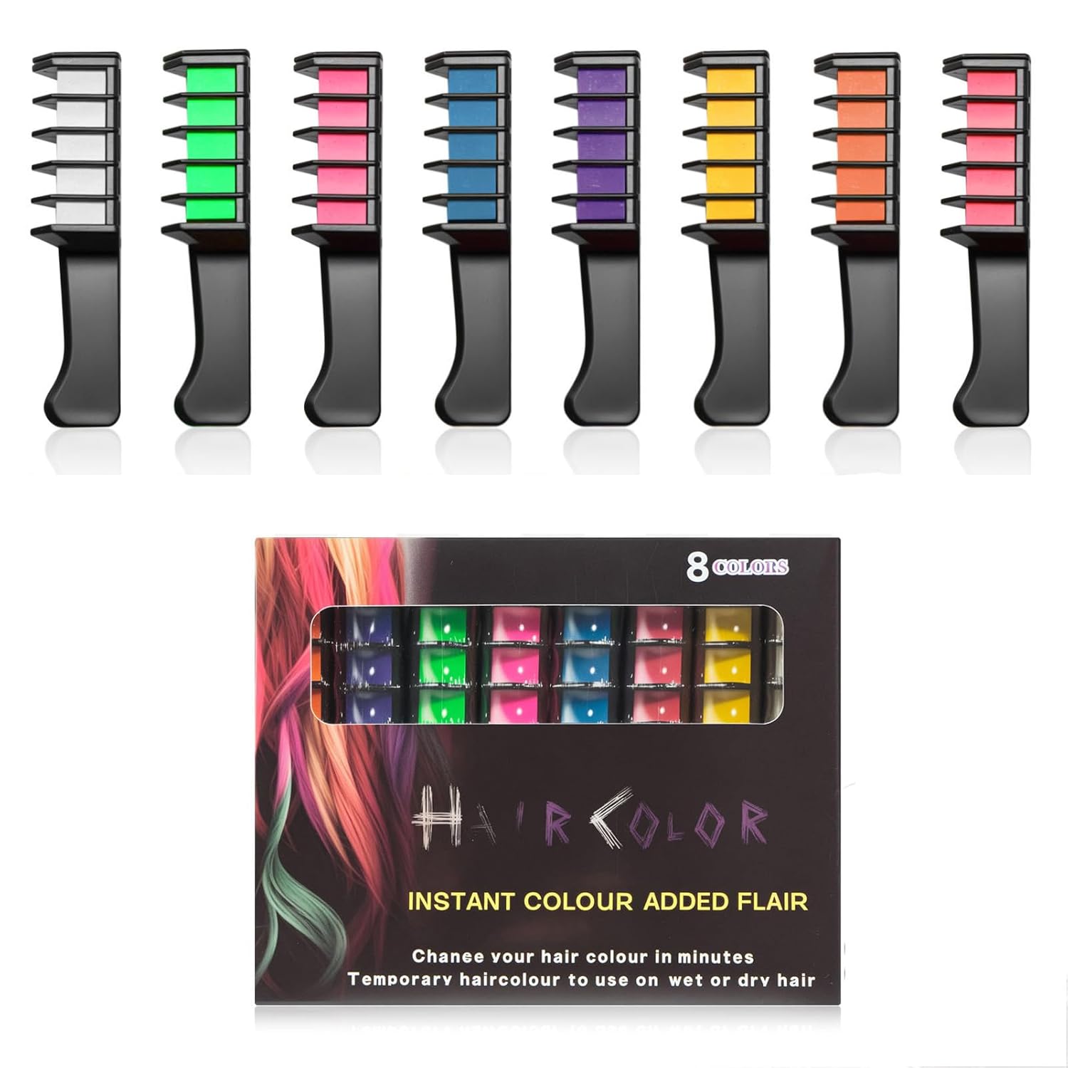12 Colors Festive Fun Hair Chalk Combs, 2026 New Temporary Glitter Hair Colors Hair Chalk Combs, Festive Fun Hair Chalk combs, Washable DIY Hair Color Dye, Craft Kits for Girls Ages 6-12 (8 Colors)