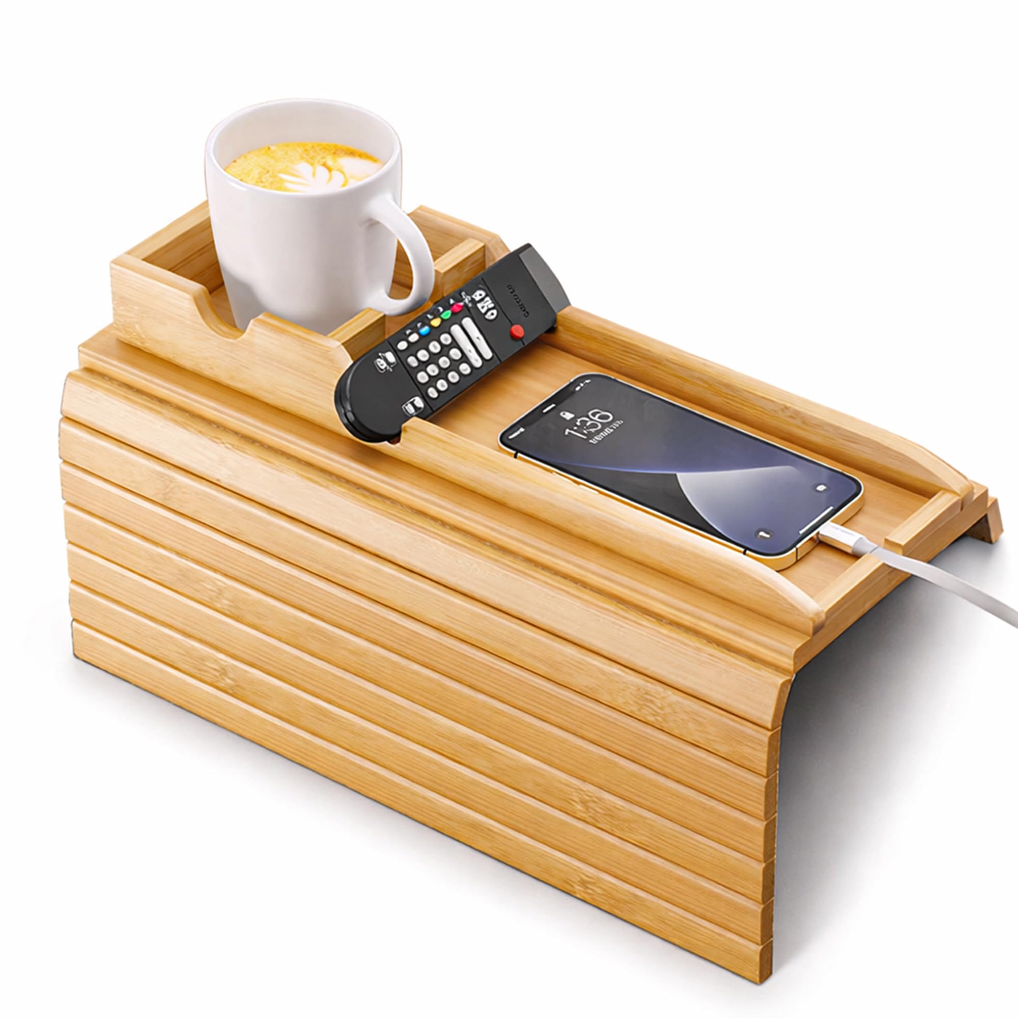 Foldable Bamboo Sofa Arm Tray with Side Pocket & Arm Phone Holder – Wooden Couch Armrest Table for Drinks, Snacks, Magazines, and Remotes