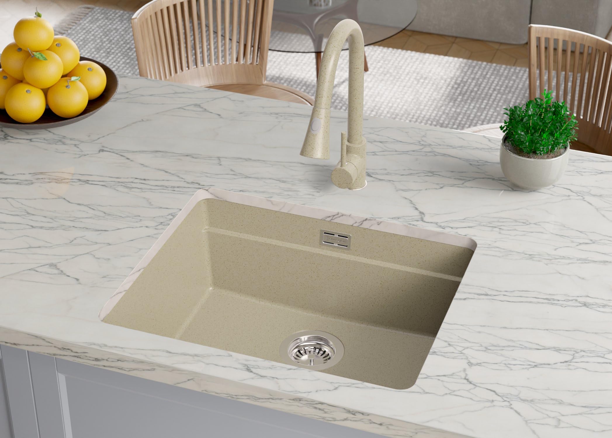 PRIMAGRAN Fregadero bajo Encimera al Mueble 60cm + Kit de desagüe, 56x47cm